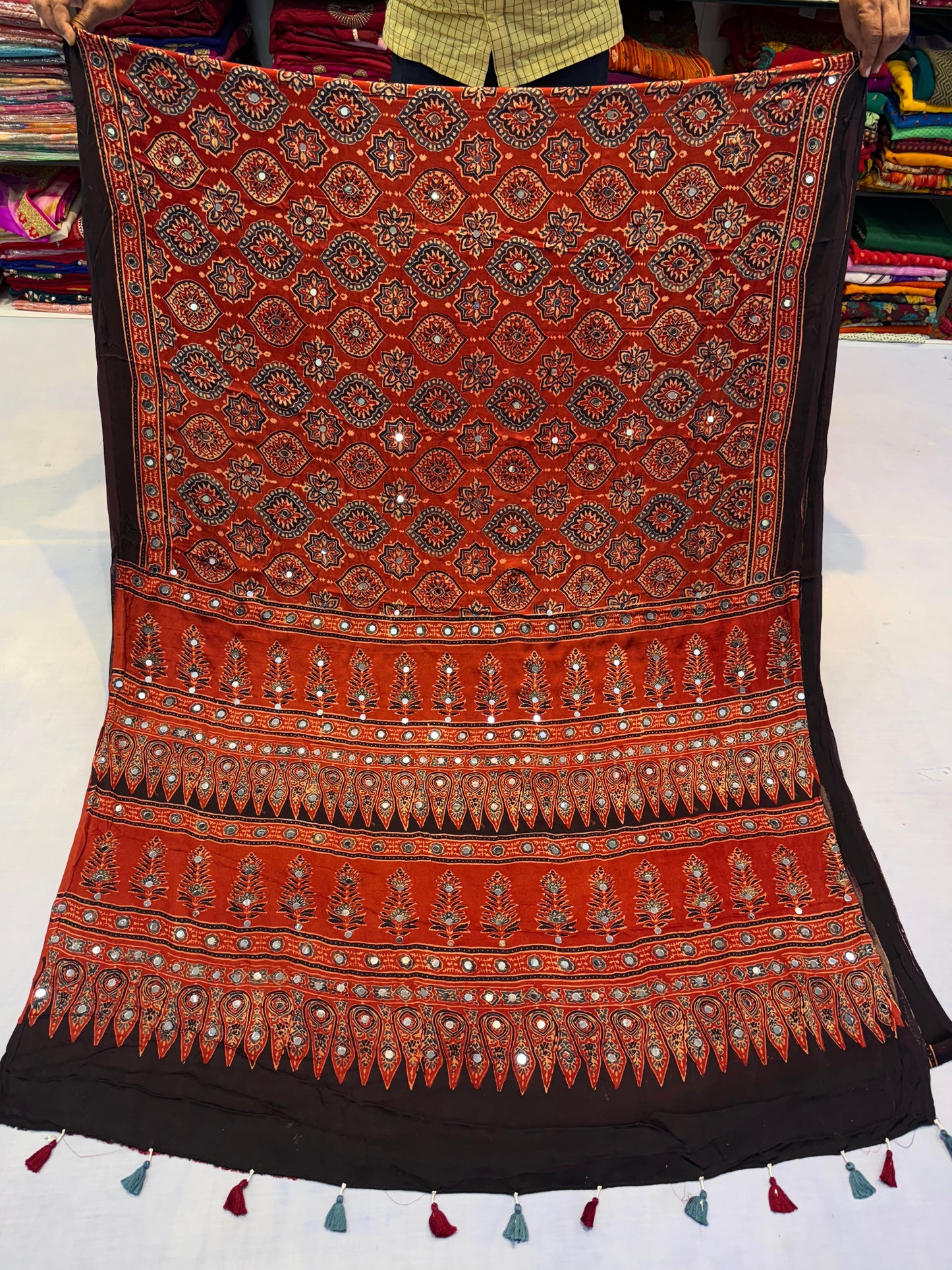 Red Badam Ajrakh Mirror Work Saree