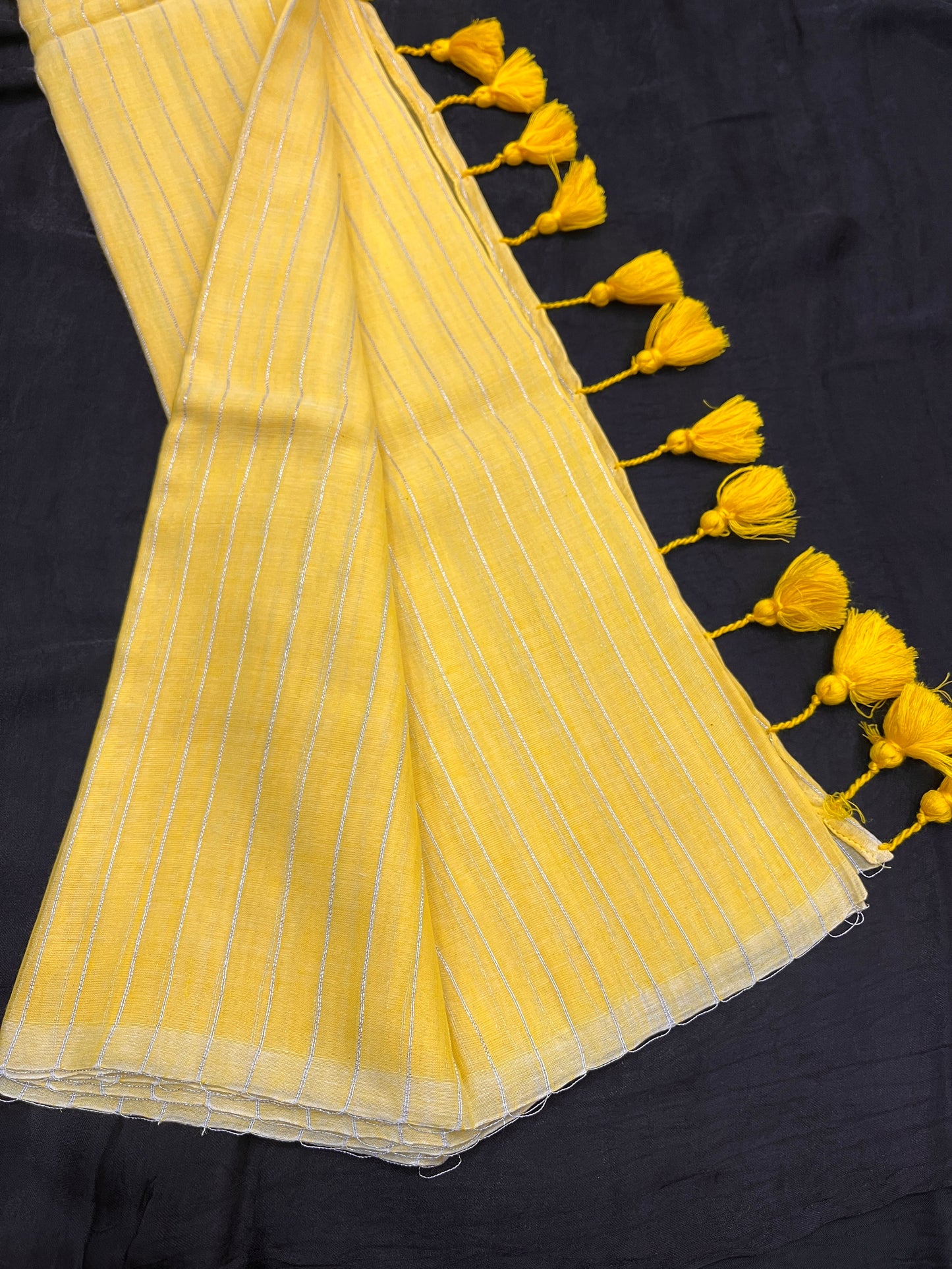 Yellow Zari Lines Mulmul Saree