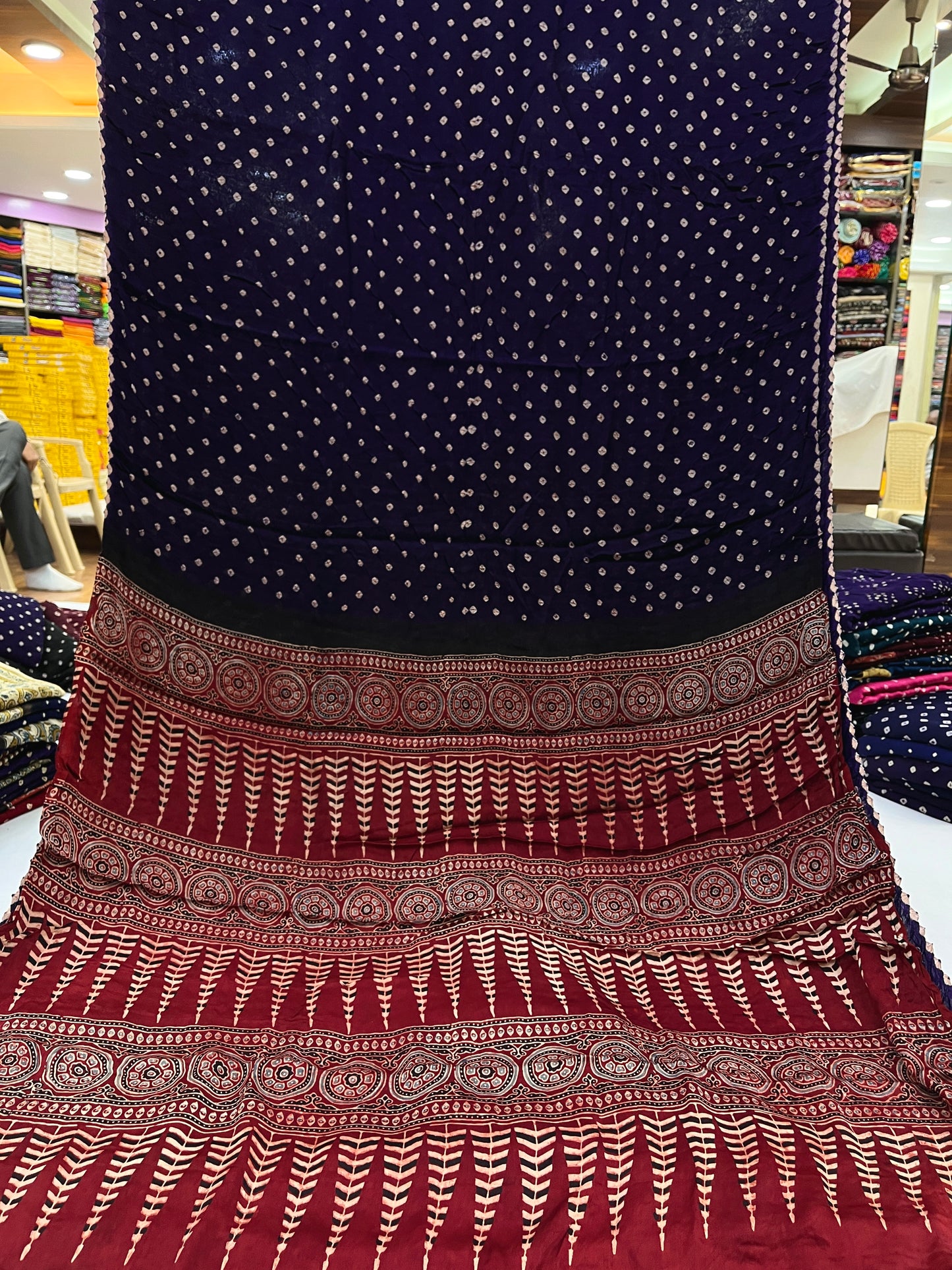Violet Maroon Bandhani Ajrakh Modal Silk Saree