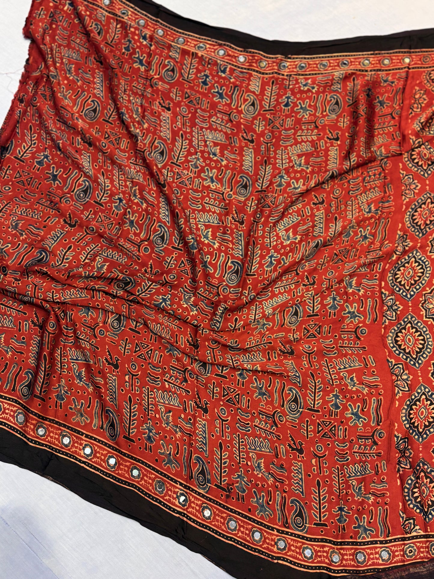 Red Badam Ajrakh Mirror Work Saree