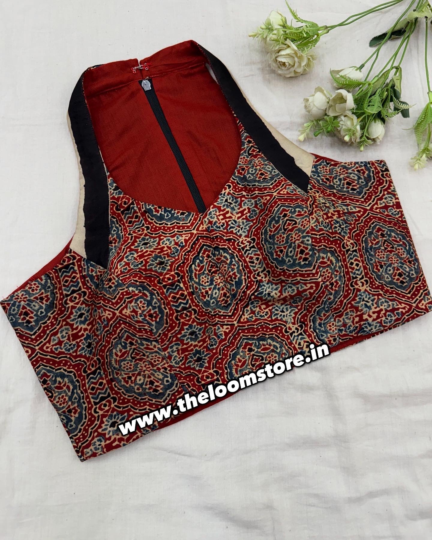 Ruhani Rust Ajrakh Modal Silk Saree Blouse Set