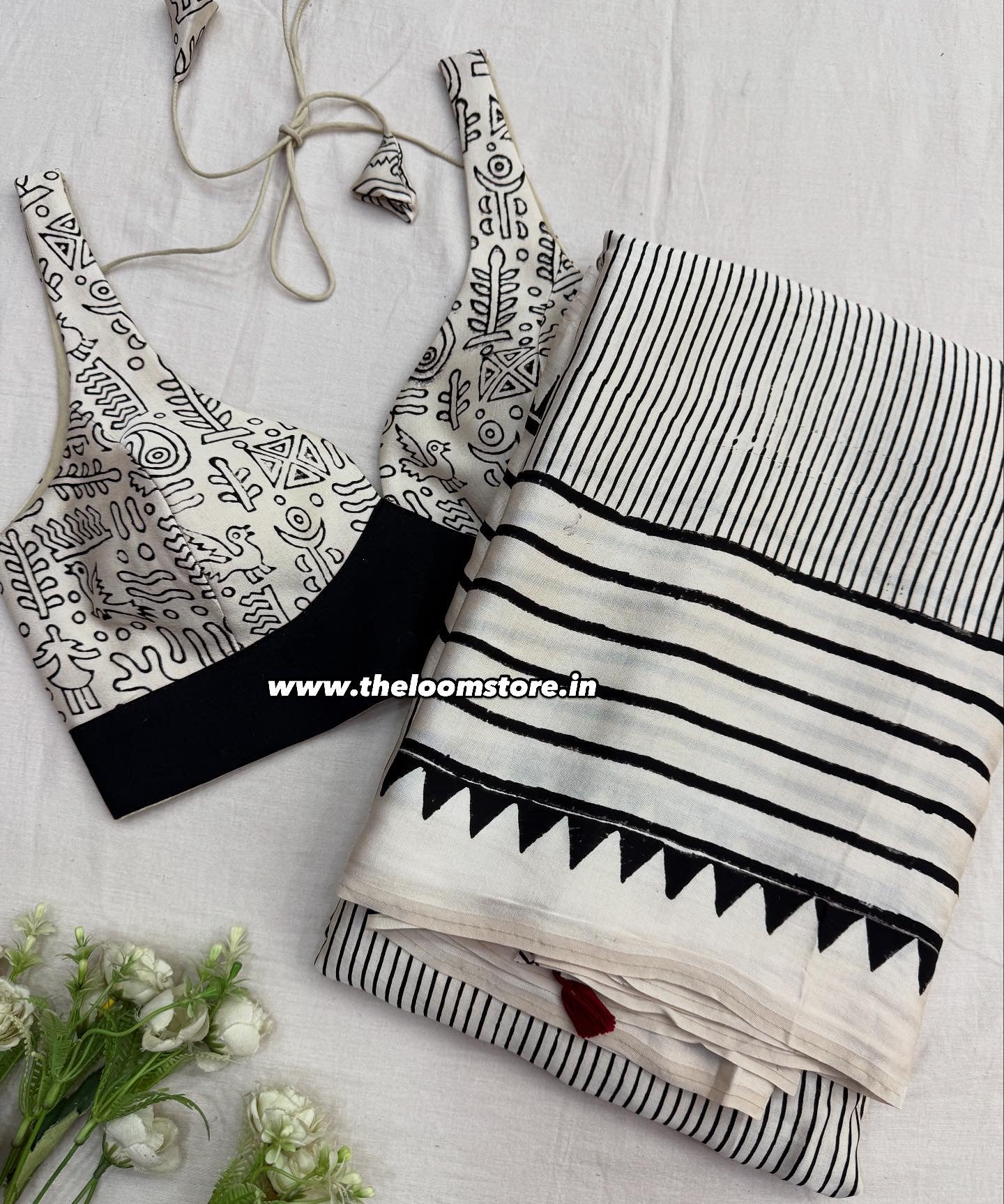 Creamy Dot Abstract Ajrakh Saree Blouse Set