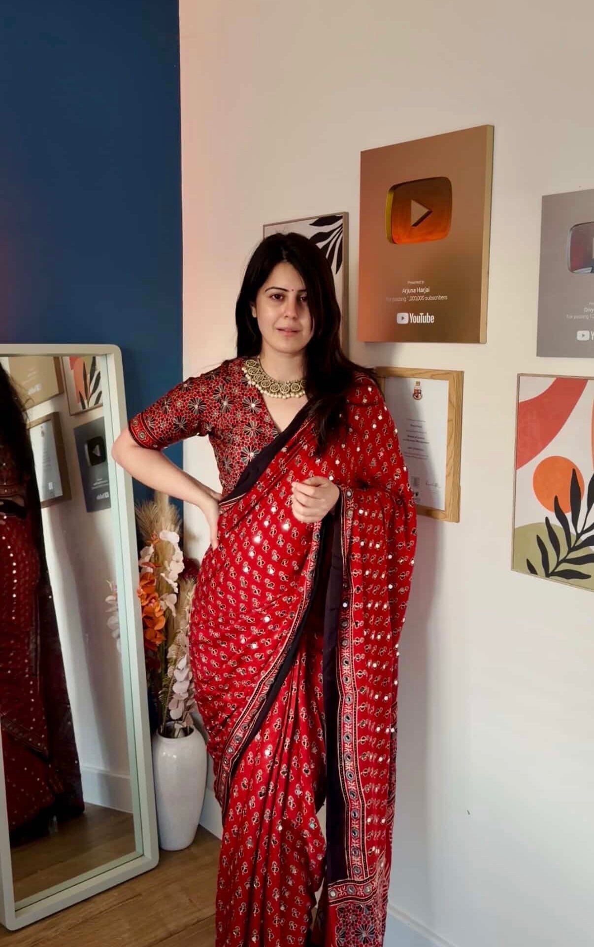 Kalyani Mirror Ajrakh Modal Silk Saree Blouse Combo Set (Pre Order - Dispatch Starts 25th June 2026)