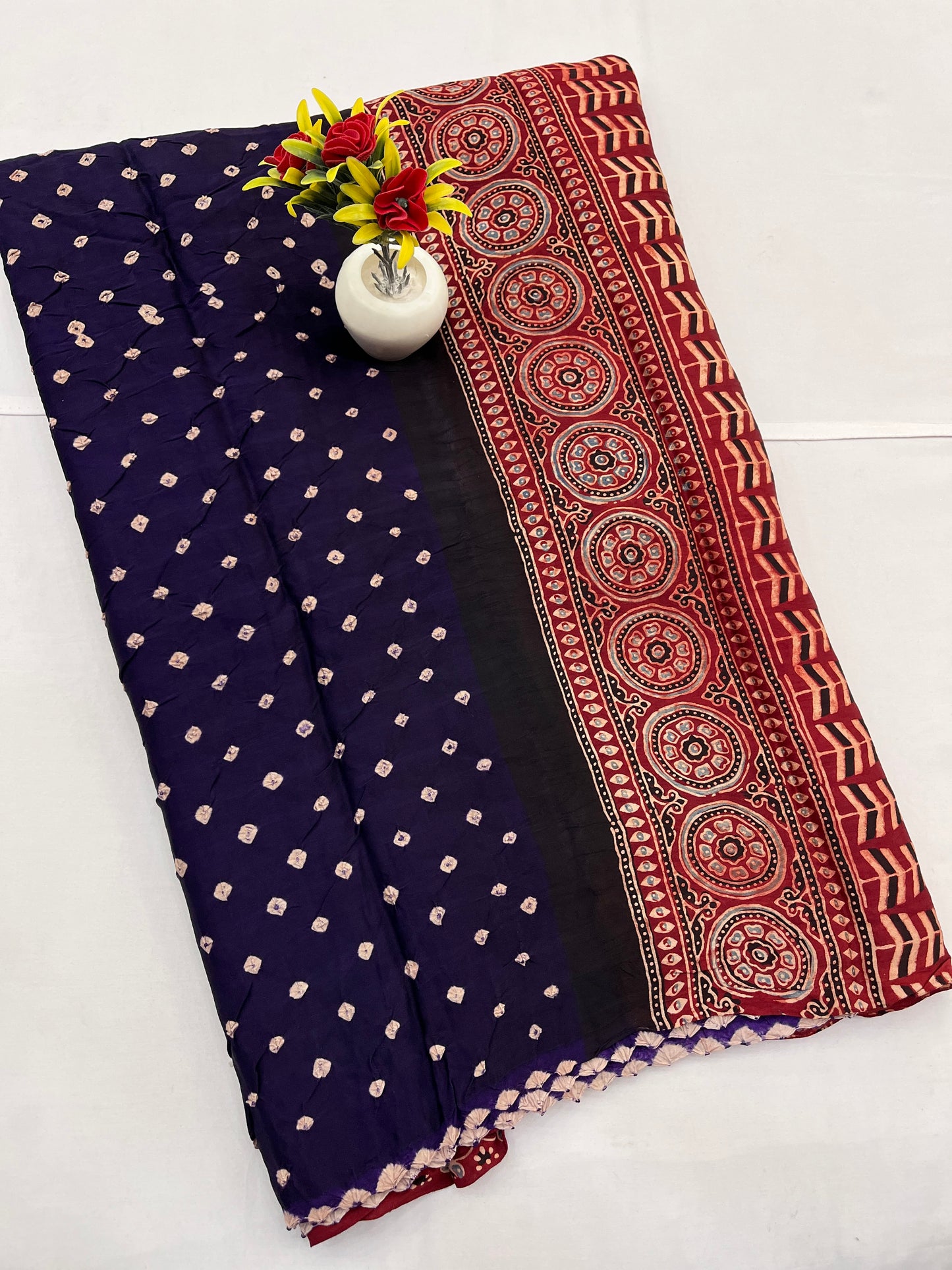 Violet Maroon Bandhani Ajrakh Modal Silk Saree