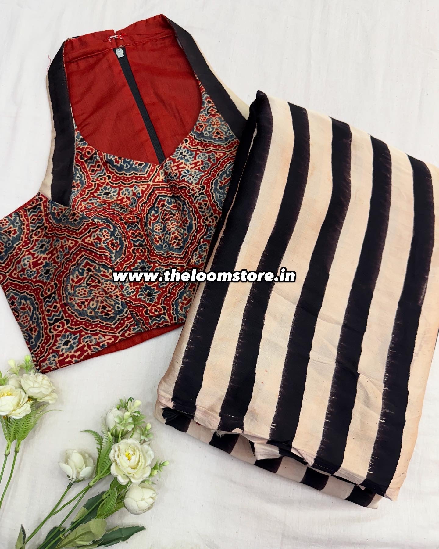 Ruhani Rust Ajrakh Modal Silk Saree Blouse Set