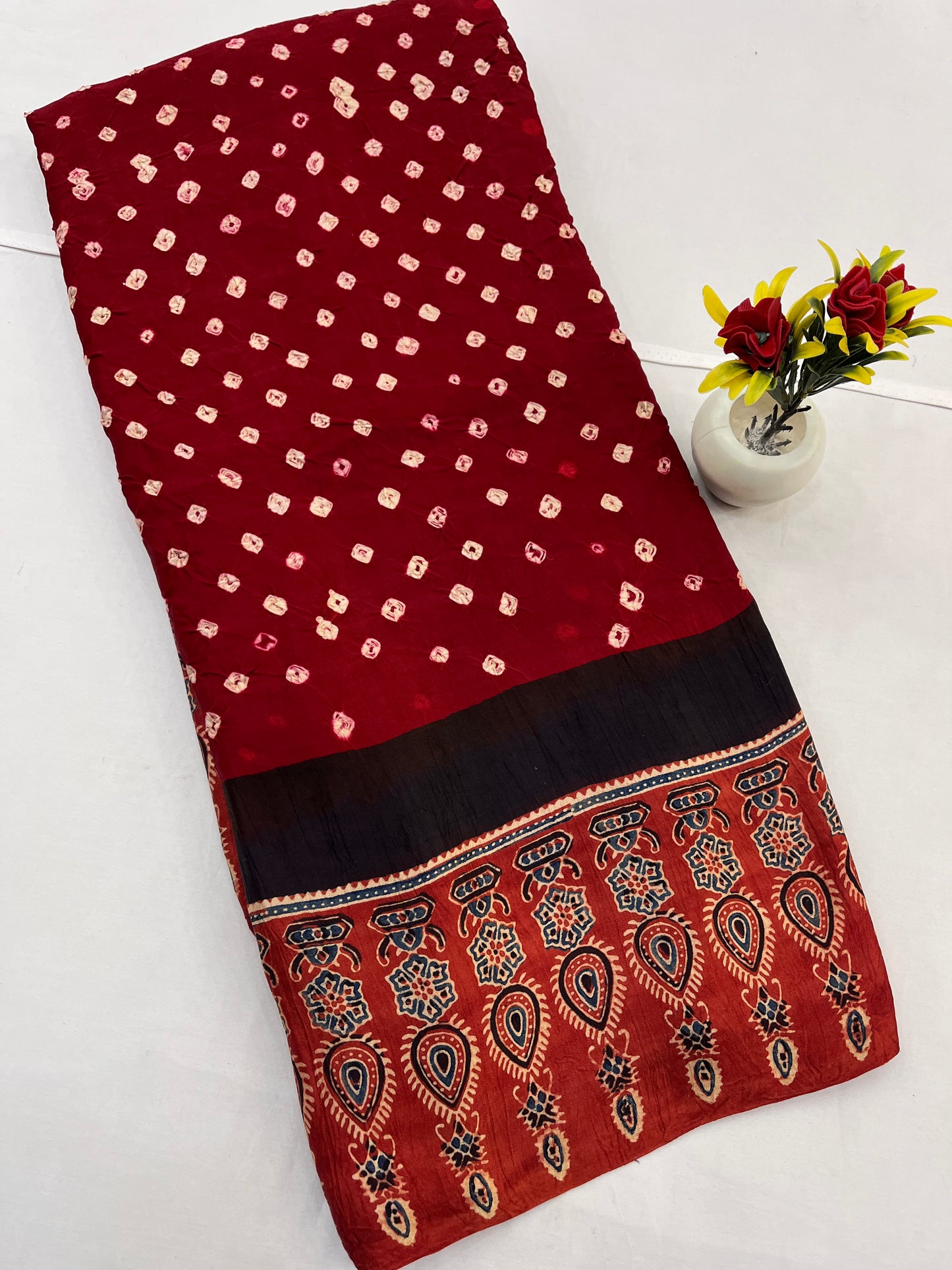 Red Bandhani Ajrakh Modal Silk Saree