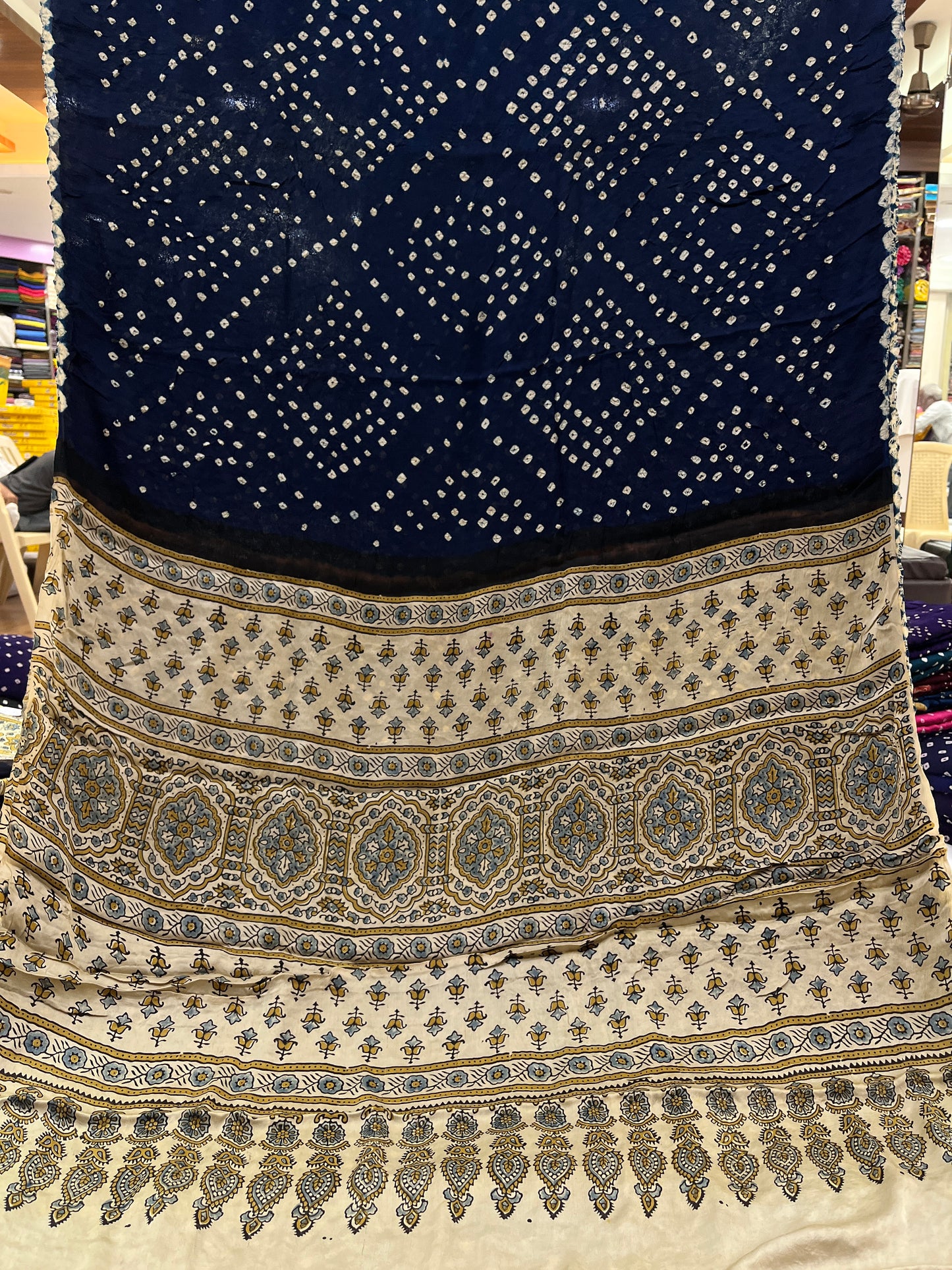 Teal Cream Bandhani Ajrakh Modal Silk Saree