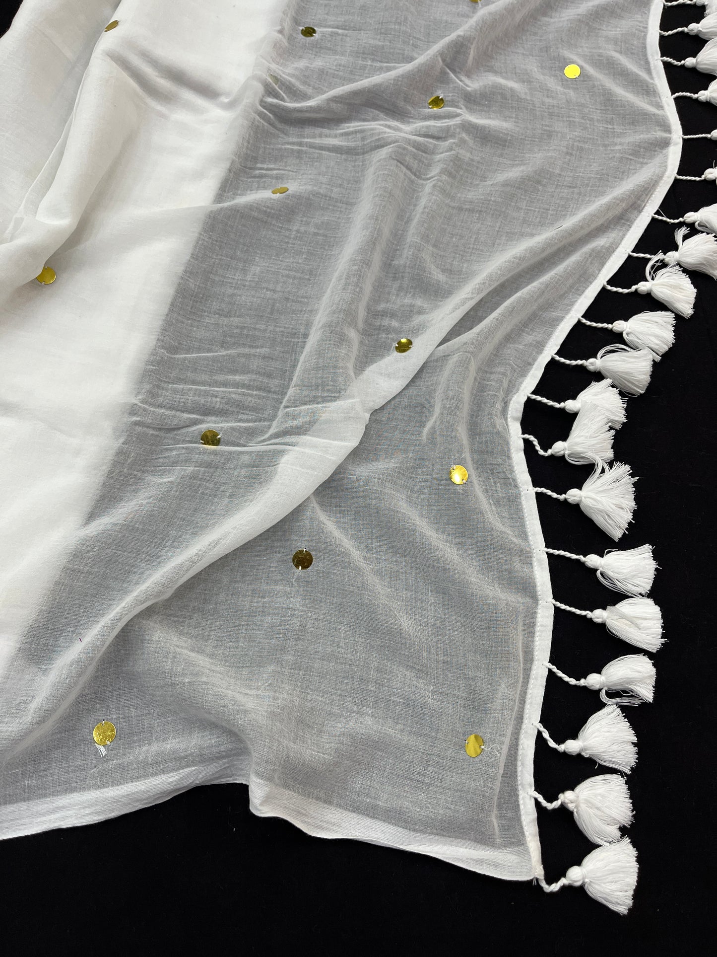 White Gold Sequins Mulmul Saree