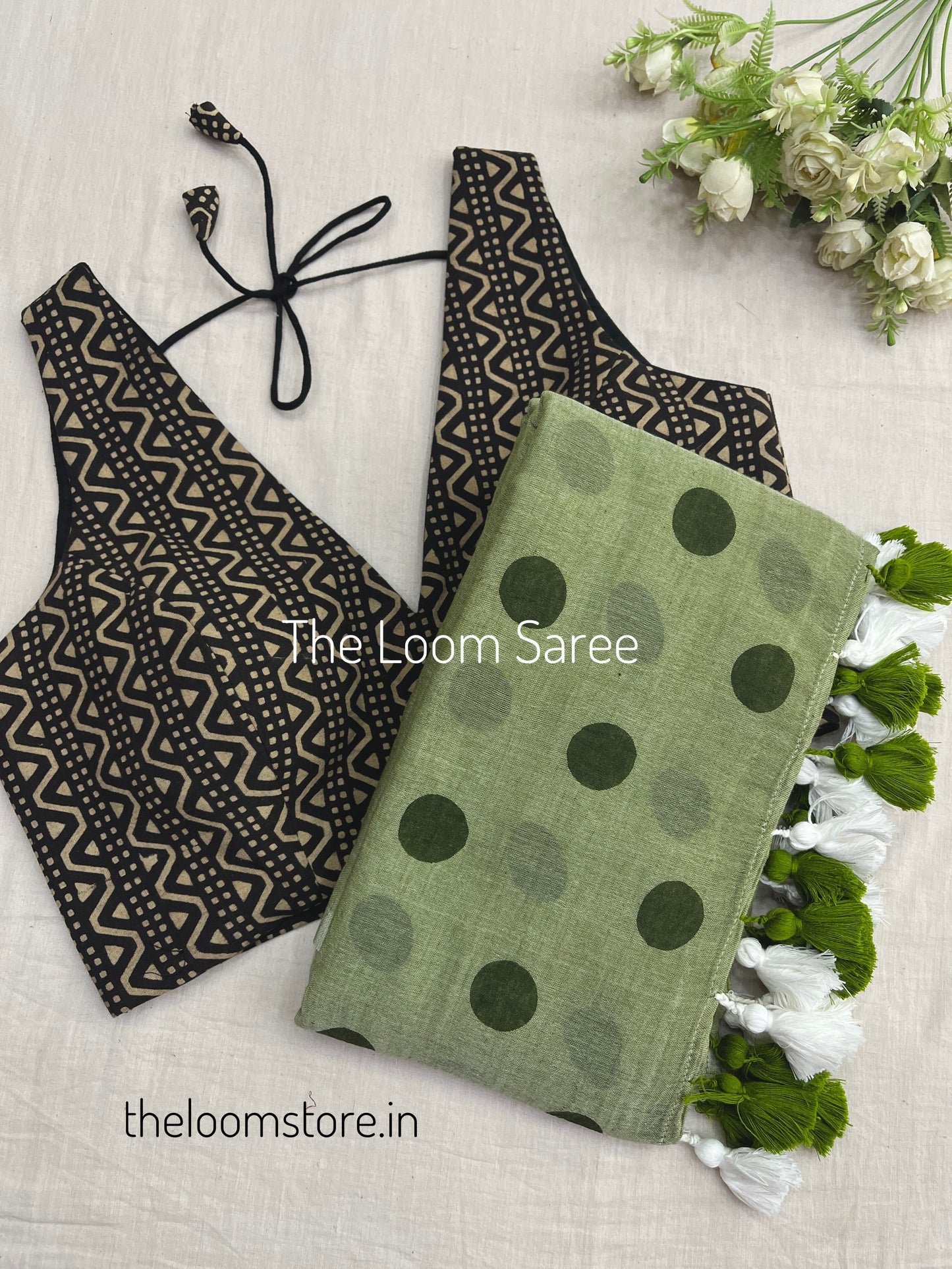 Elaichi Polka Dot Saree & Sand Dune Blouse Combo Set