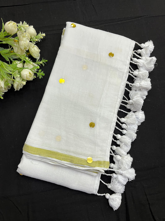 White Zari Border Gold Sequins Mulmul Saree