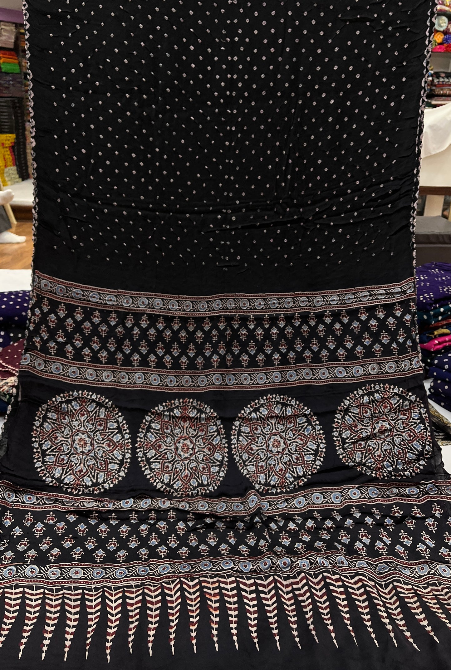 Black To Black Bandhani Ajrakh Modal Silk Saree