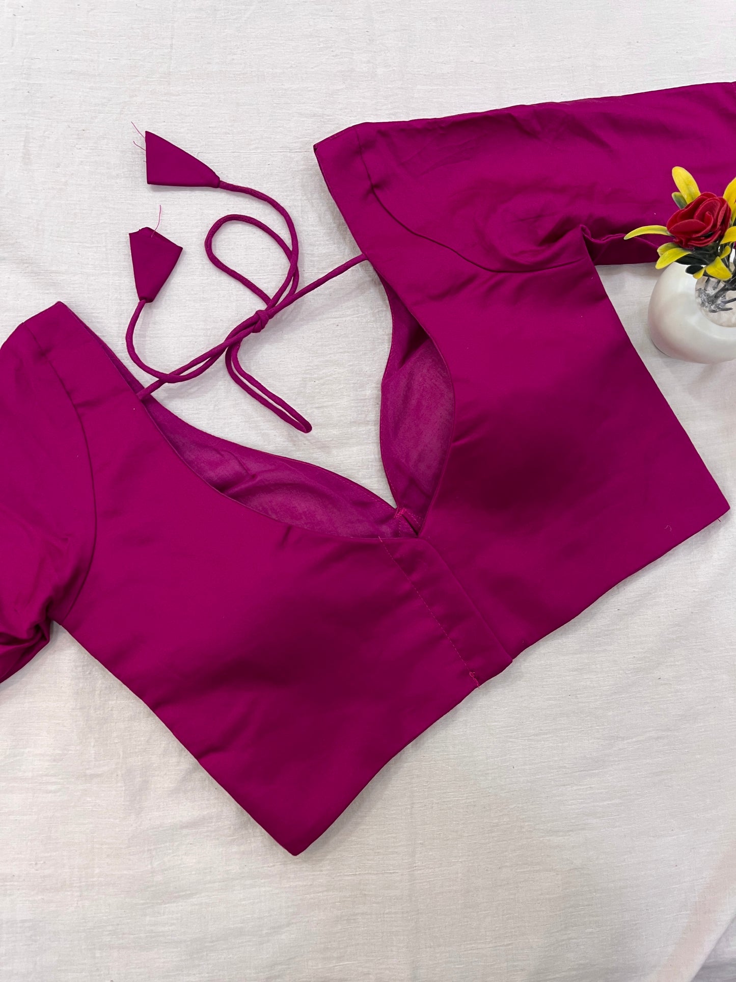 Hot Pink Leaf Neck Elbow Sleeves Blouse