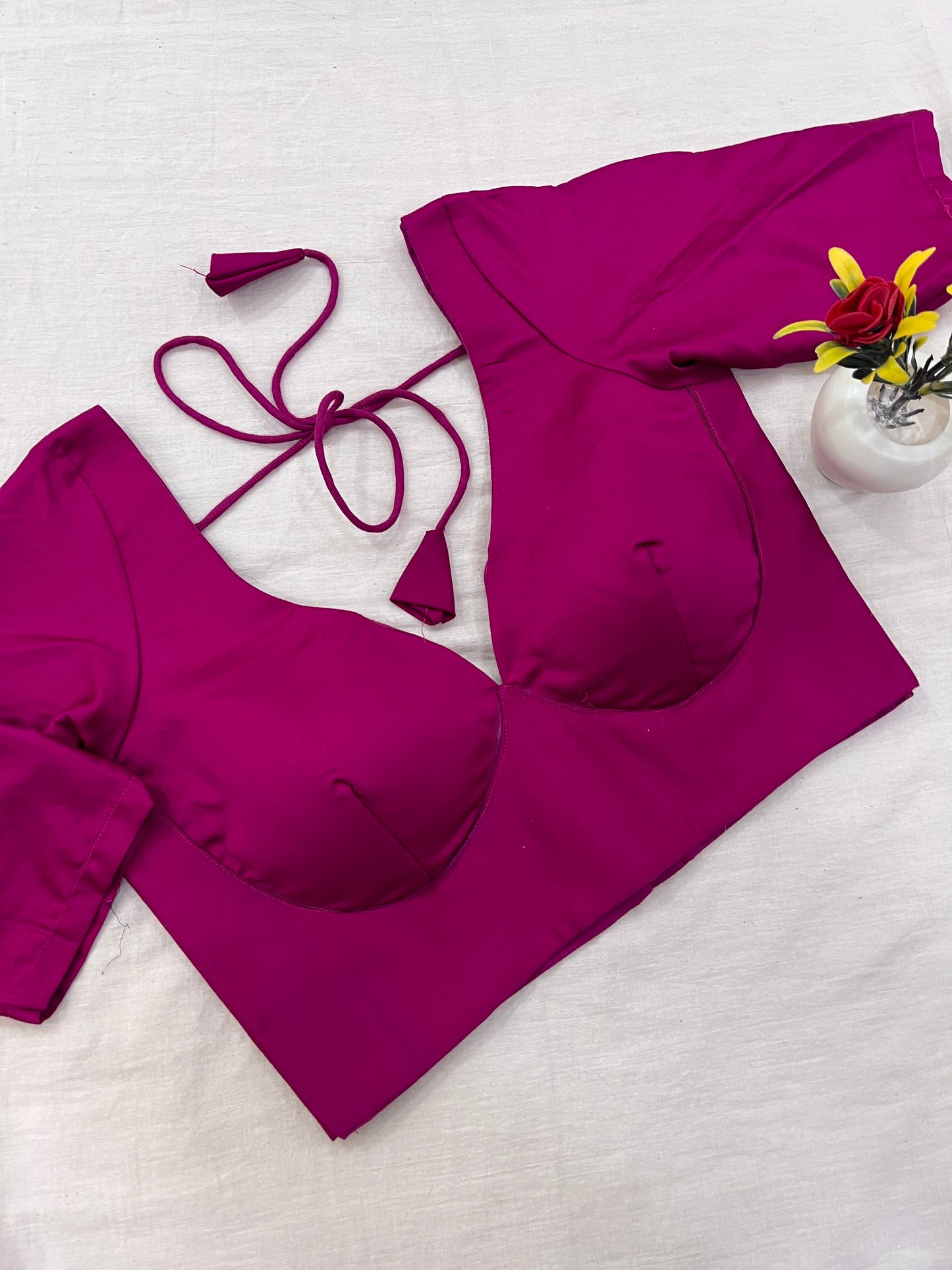 Hot Pink Leaf Neck Elbow Sleeves Blouse