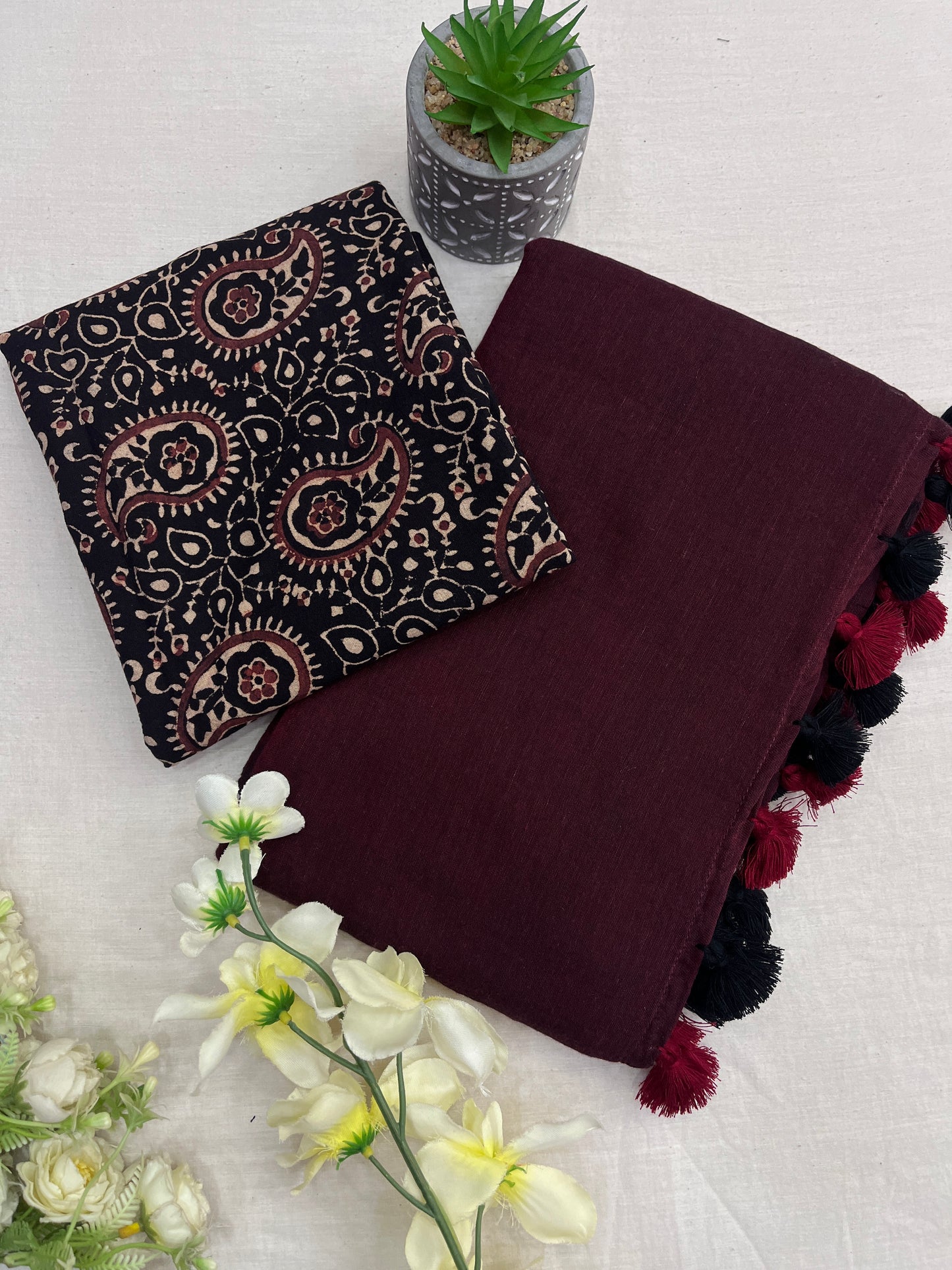 Maroon Black Mulmul Ajrakh Cotton Combo Piece