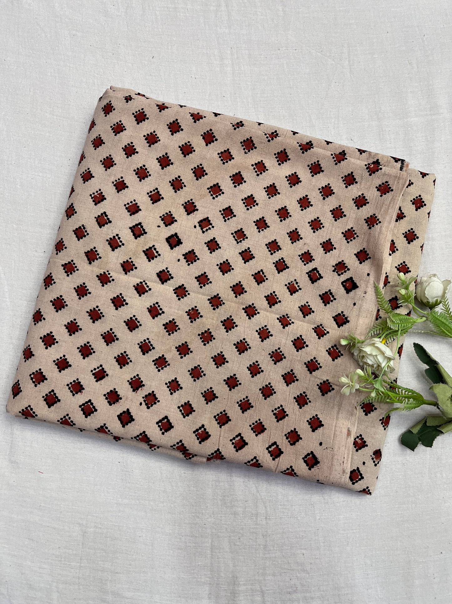 Beige Brick Ajrakh Cotton Fabric