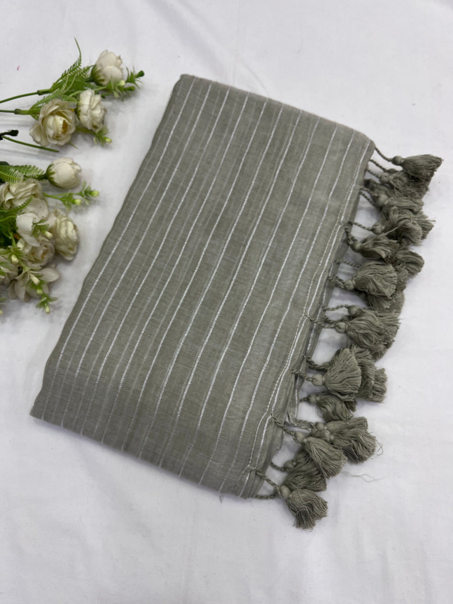 Silver Grey Zari Lines Mulmul Saree