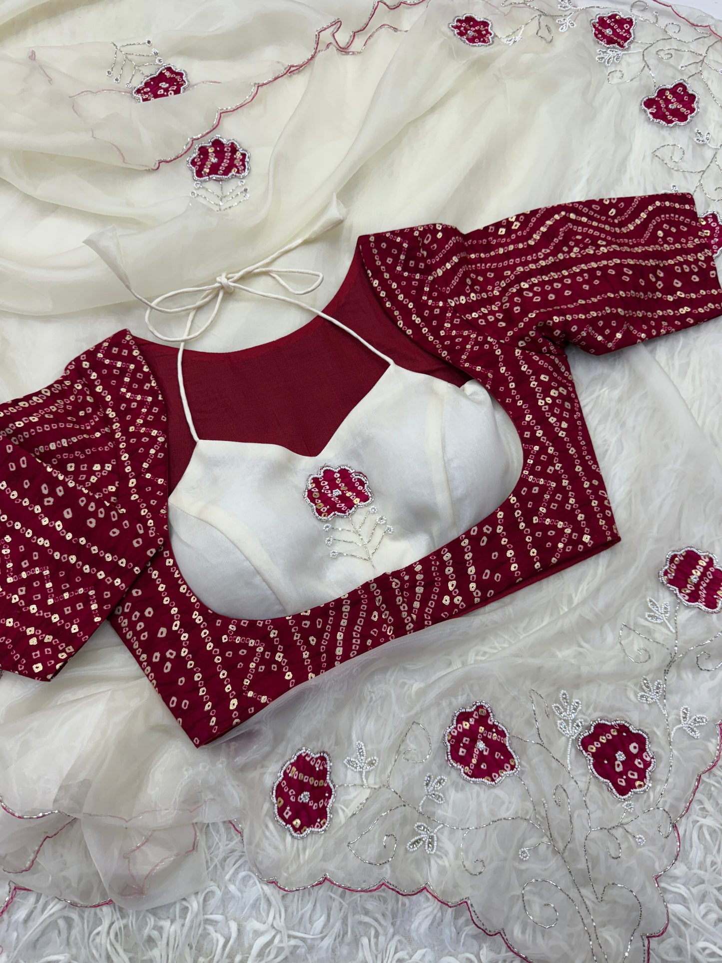 Panetar Organza Bandhani Saree Blouse Set