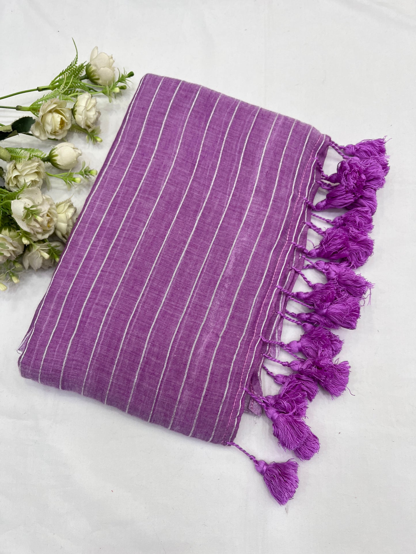 Lilac Zari Lines Mulmul Saree