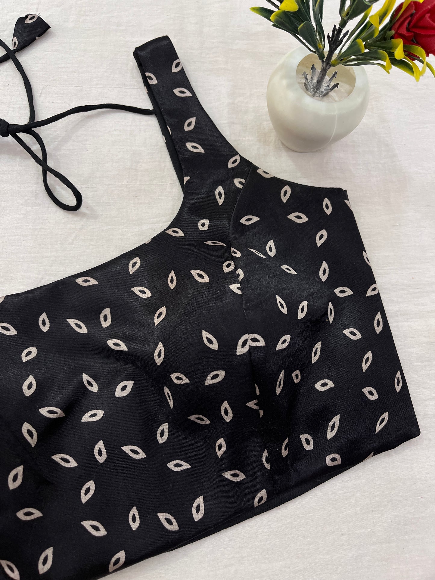 Black Leaf Print Modal Satin Blouse