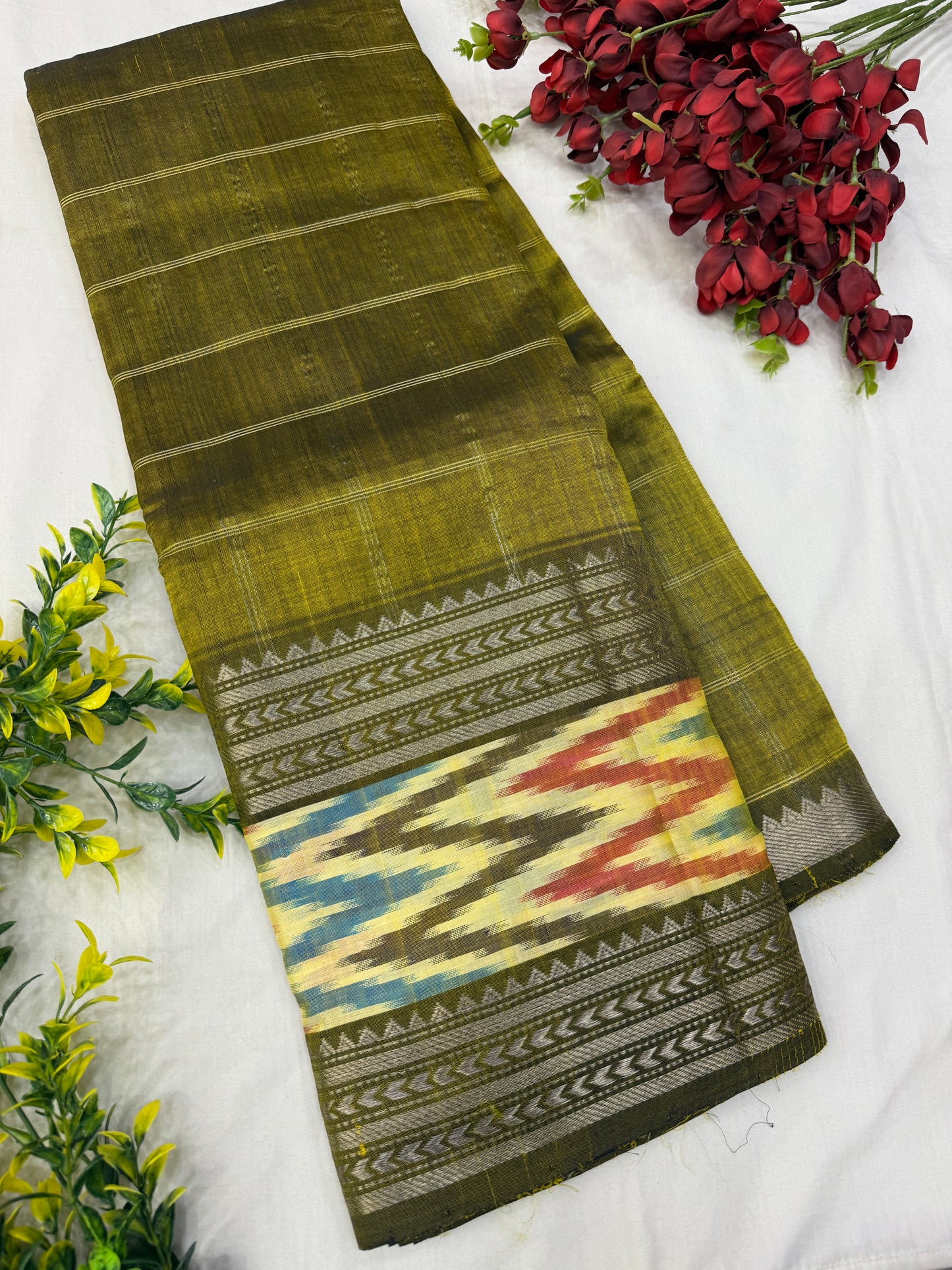 Olive Green Mangalgiri Ikkat Handloom Sarees