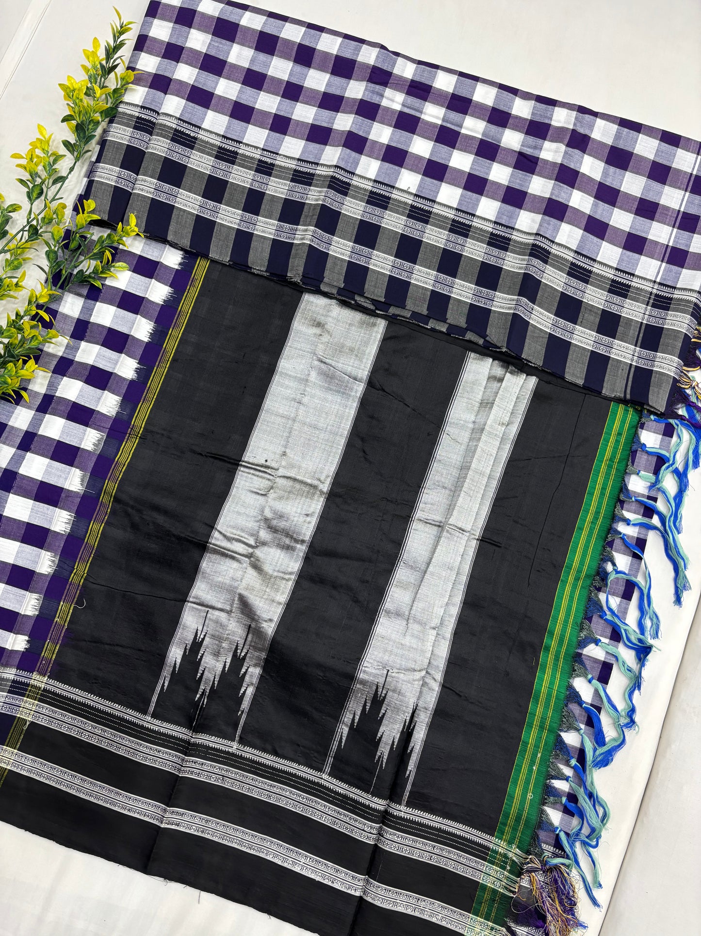 Purple White Box Checks Handloom Ilkal Saree