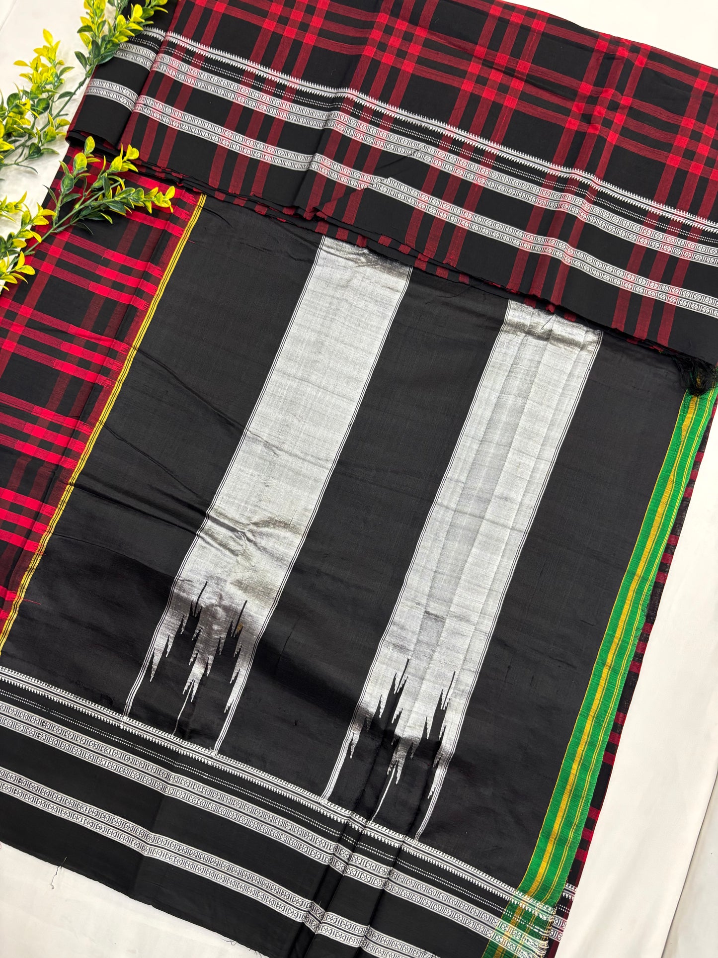 Red Black Checks Handloom Ilkal Saree