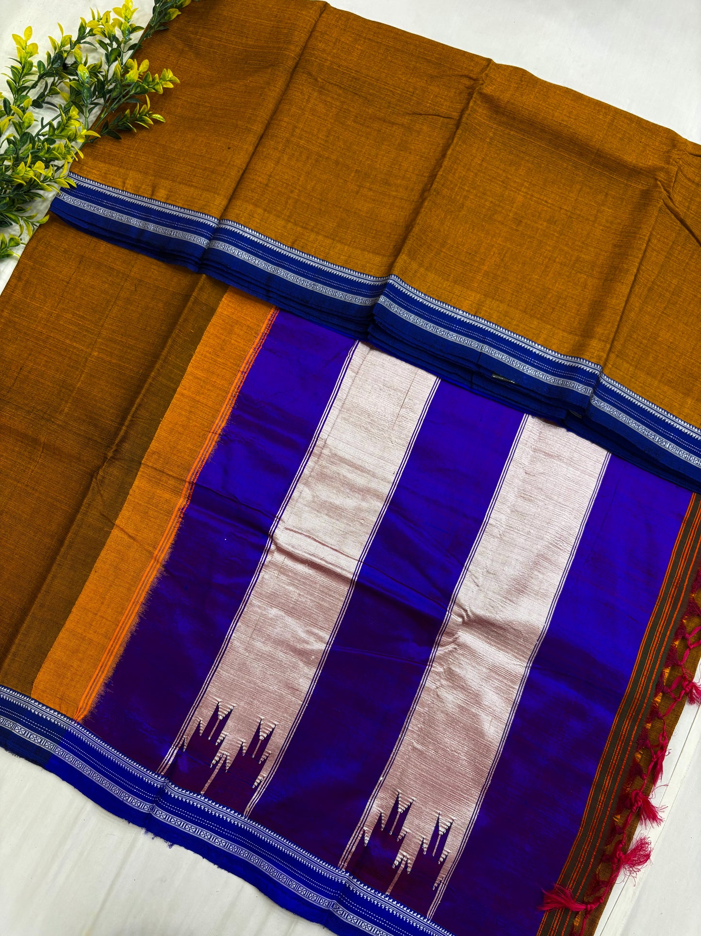 Mustard Blue Viscose Handloom Ilkal Saree