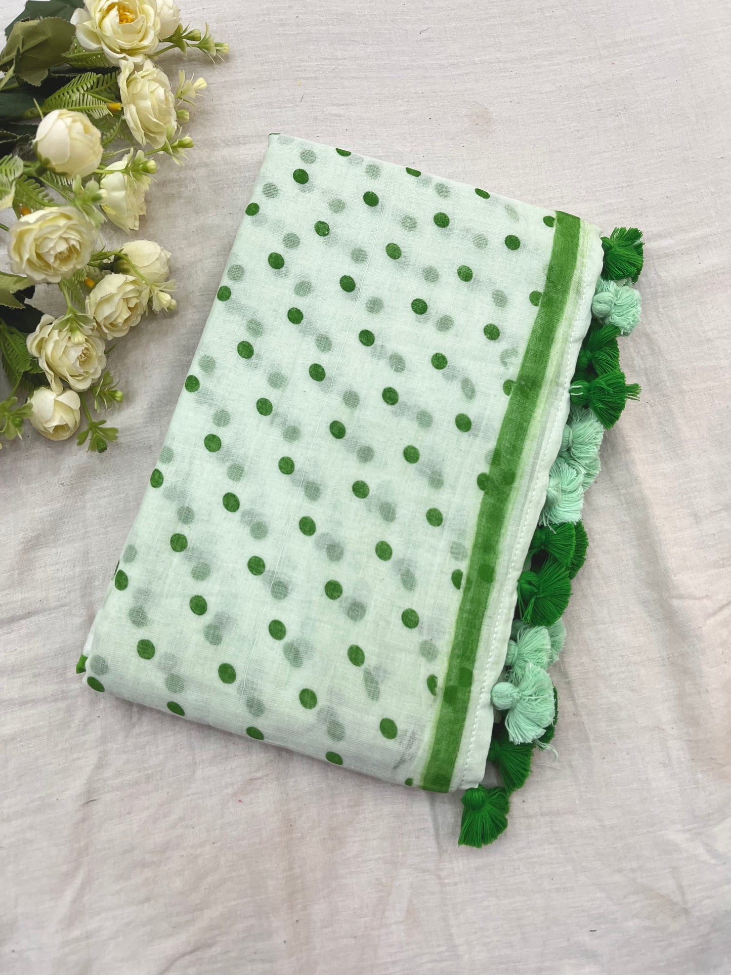 Mint Green Dotted Mulmul Saree
