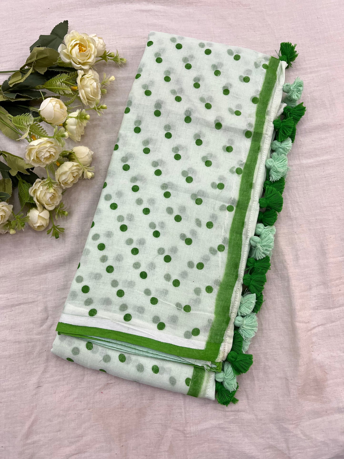 Mint Green Dotted Mulmul Saree