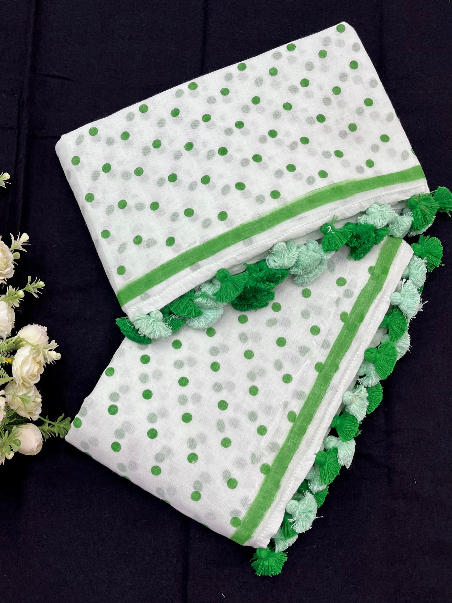 Mint Green Dotted Mulmul Saree