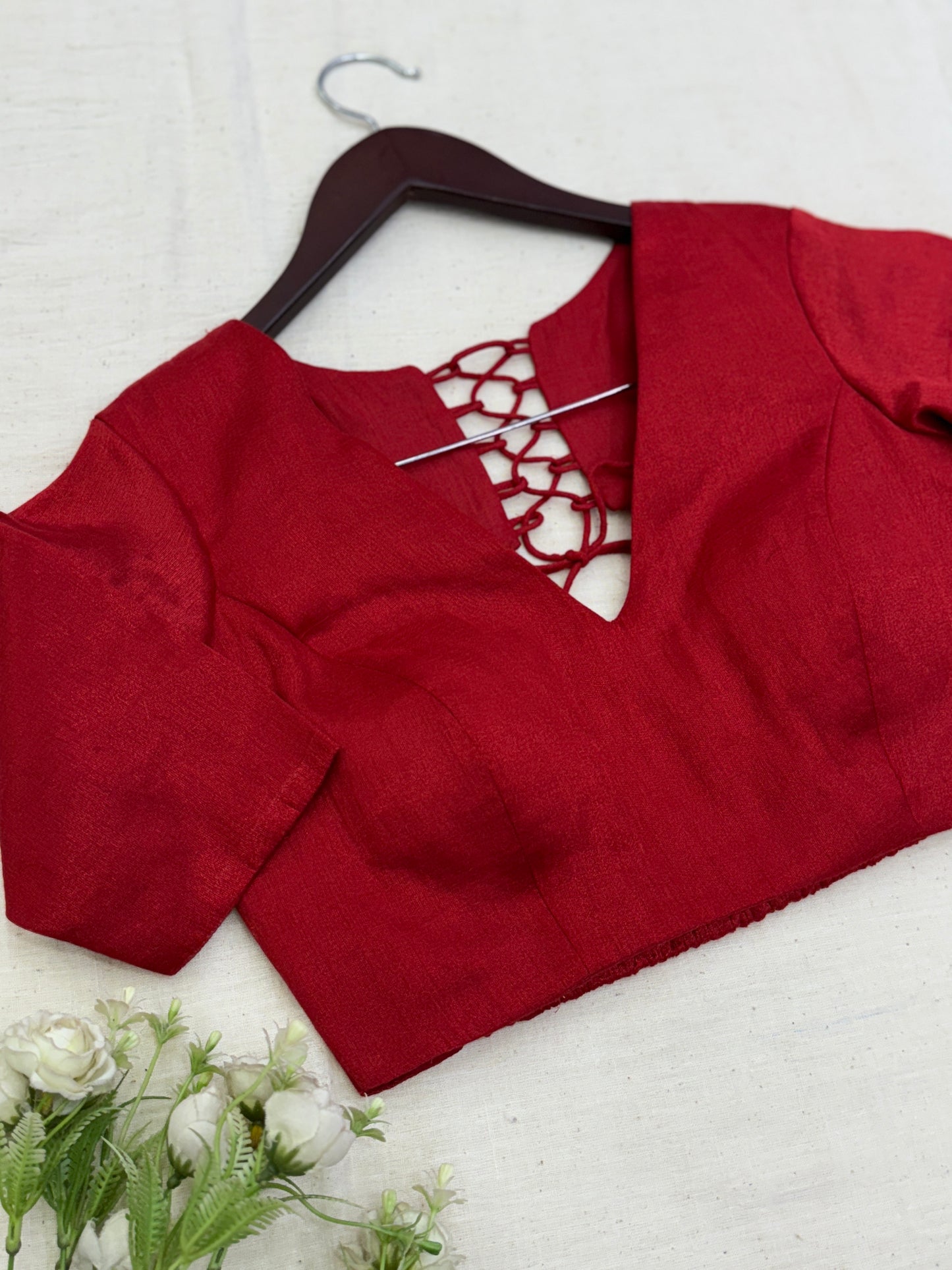Scarlet Red Tissue Elastic Sleeves Blouse