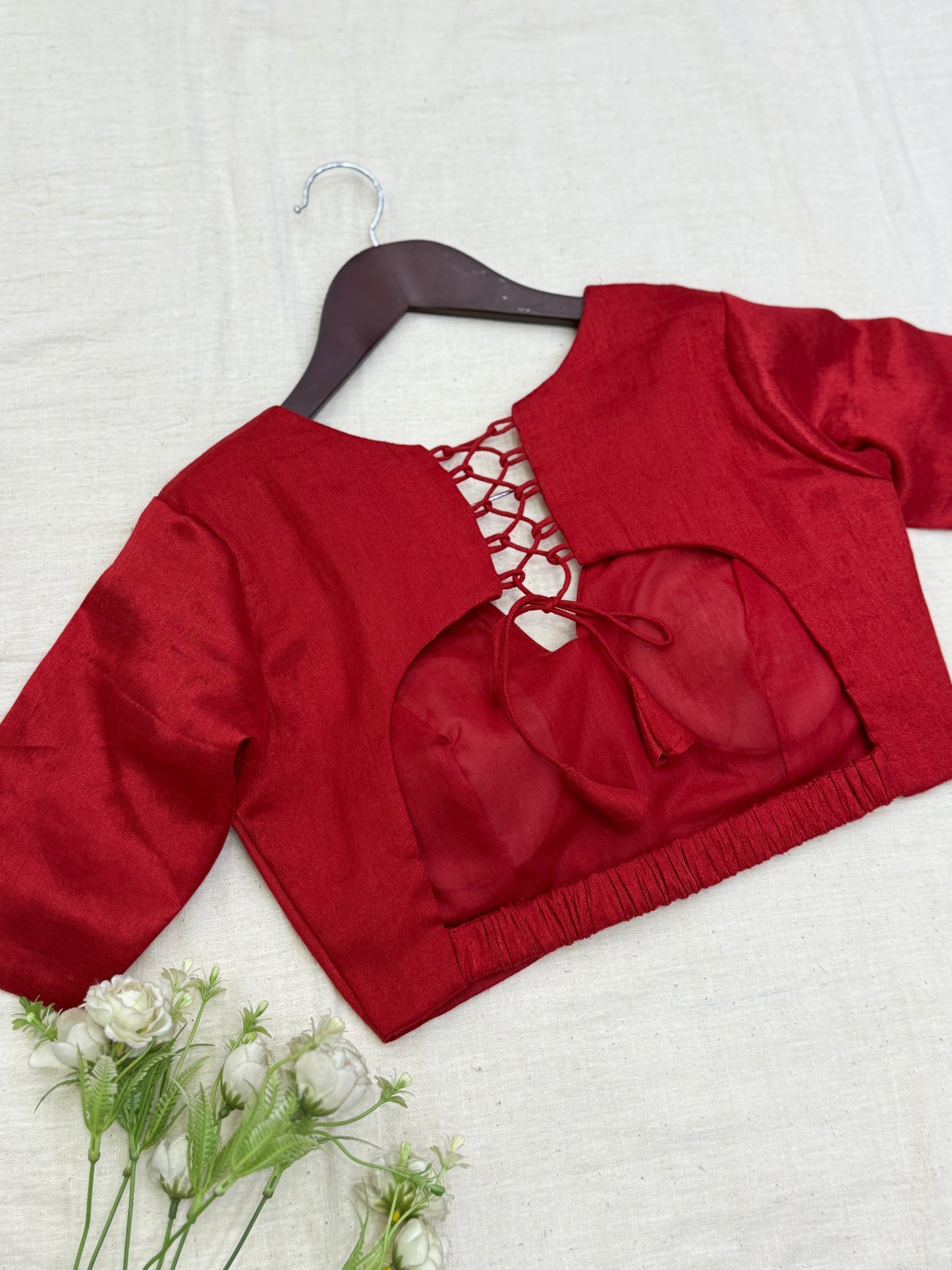 Scarlet Red Tissue Elastic Sleeves Blouse