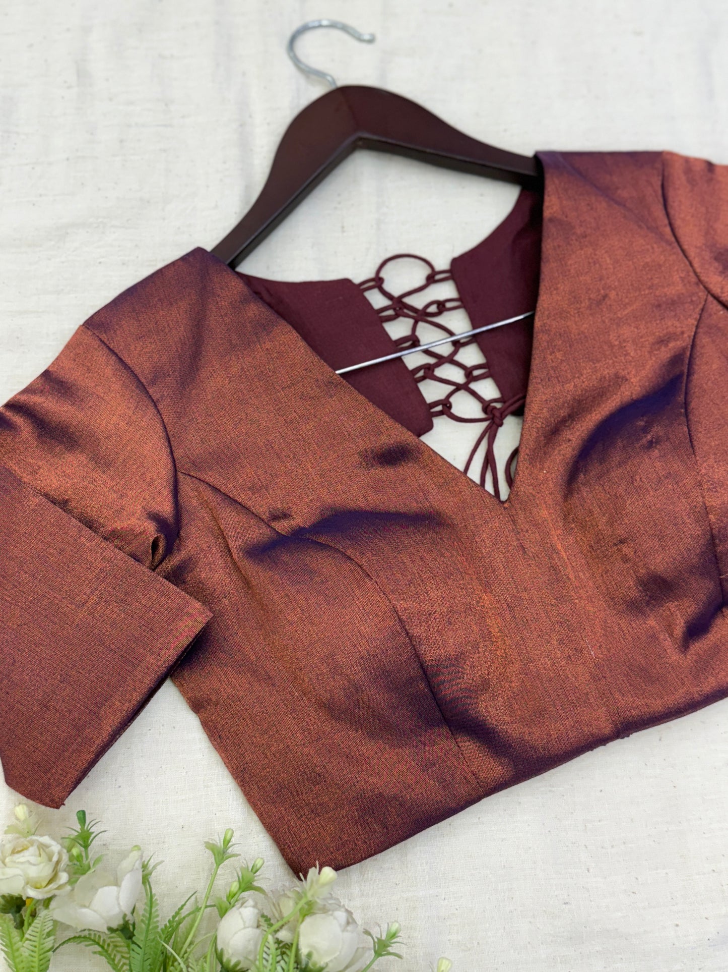 Copper Blue Tissue Elastic Sleeves Blouse