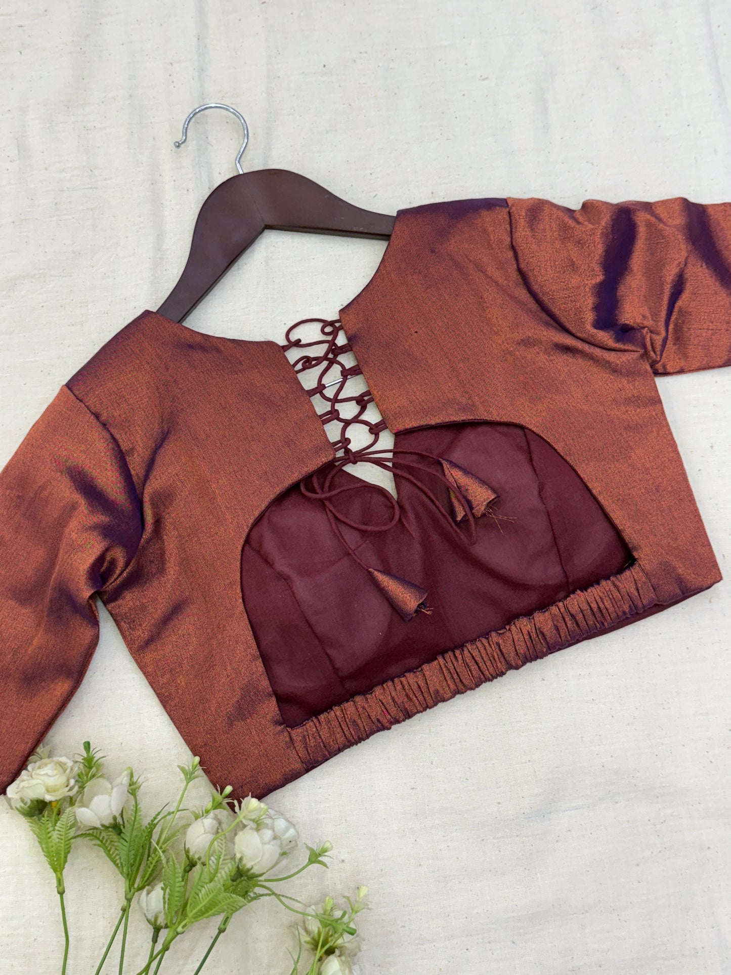 Copper Blue Tissue Elastic Sleeves Blouse