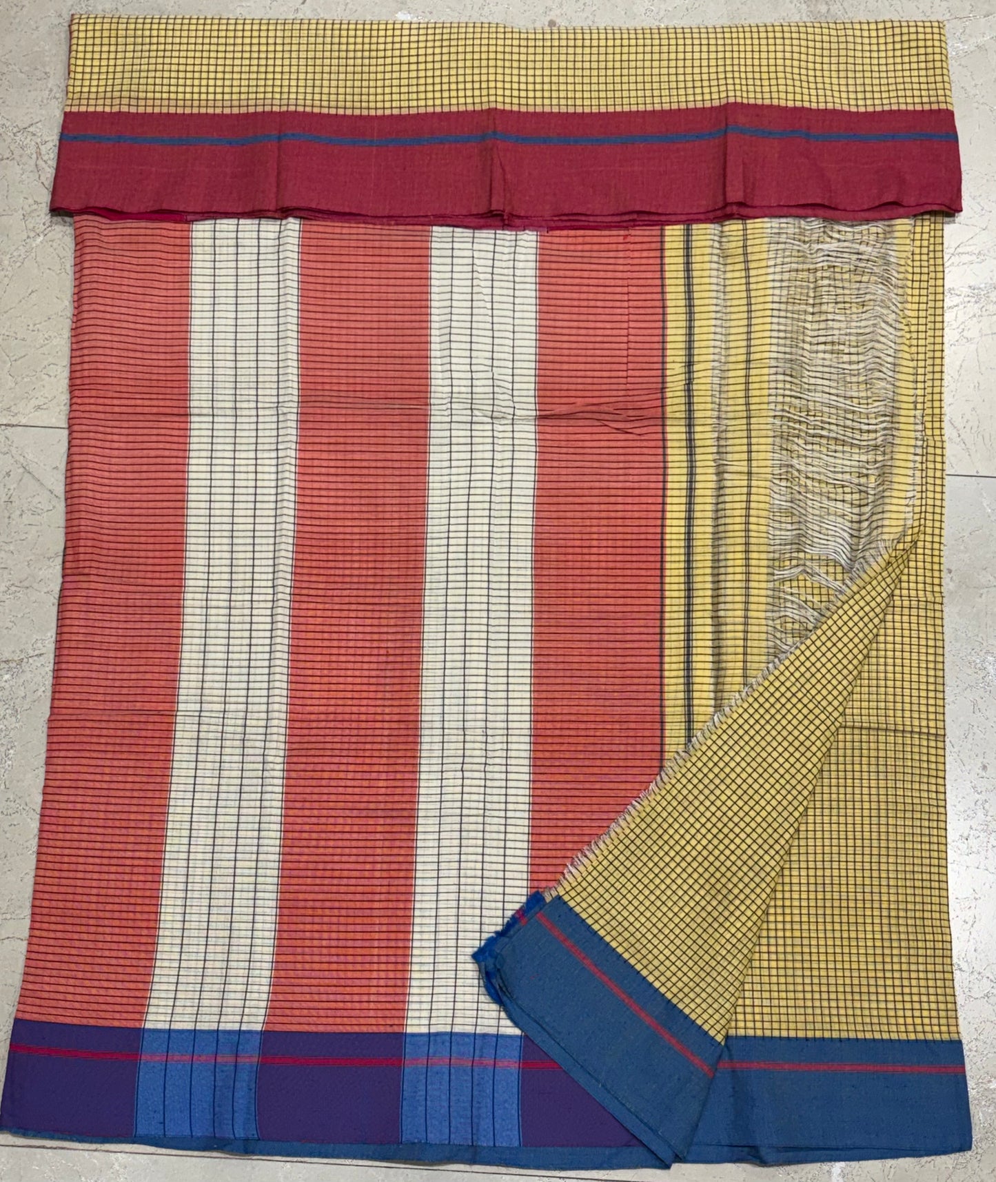 Butter Yellow Patteda Anchu Saree With Blue Pink Border