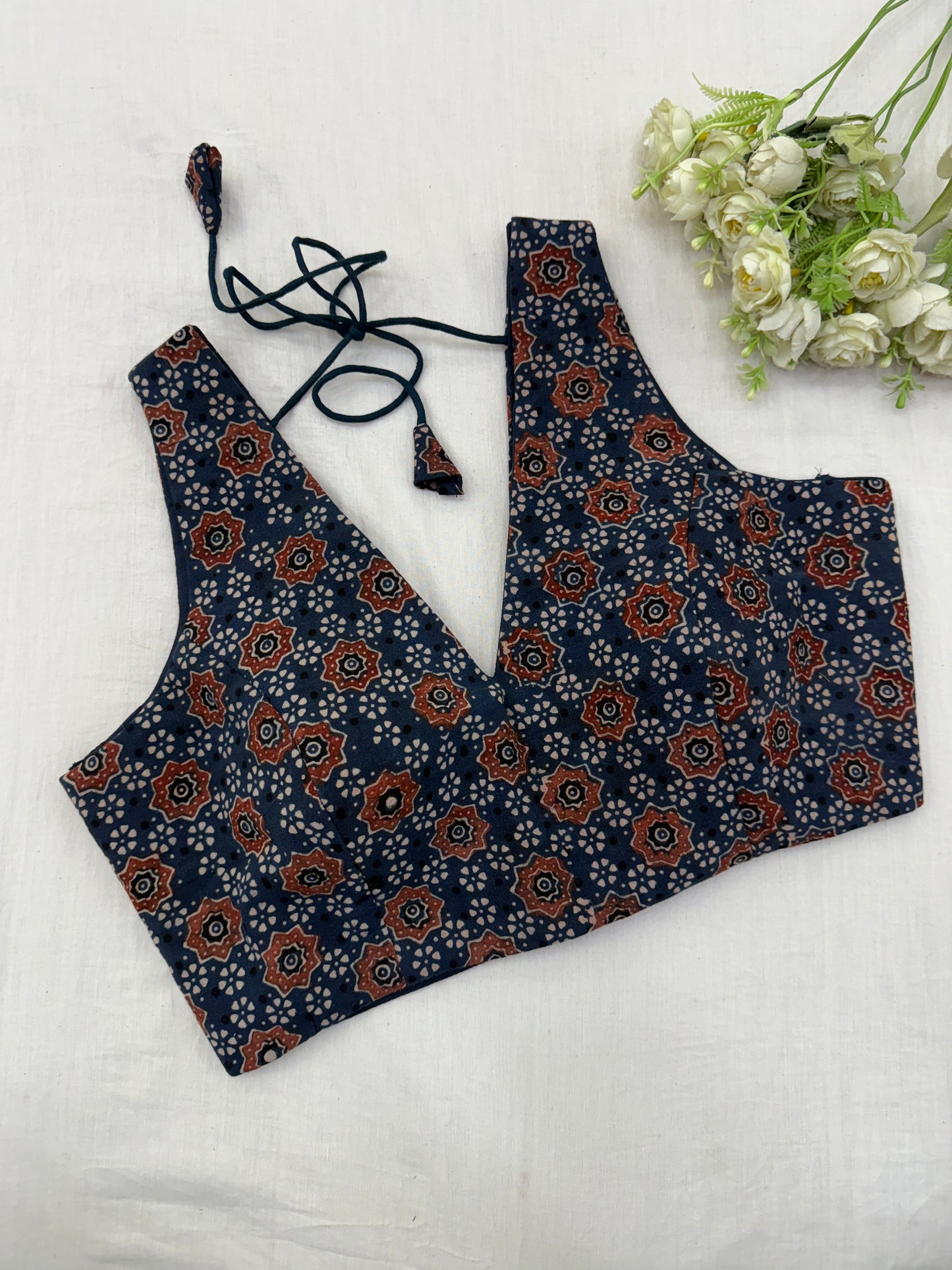 Blue Red Ajrakh Cotton Sleeveless Blouse