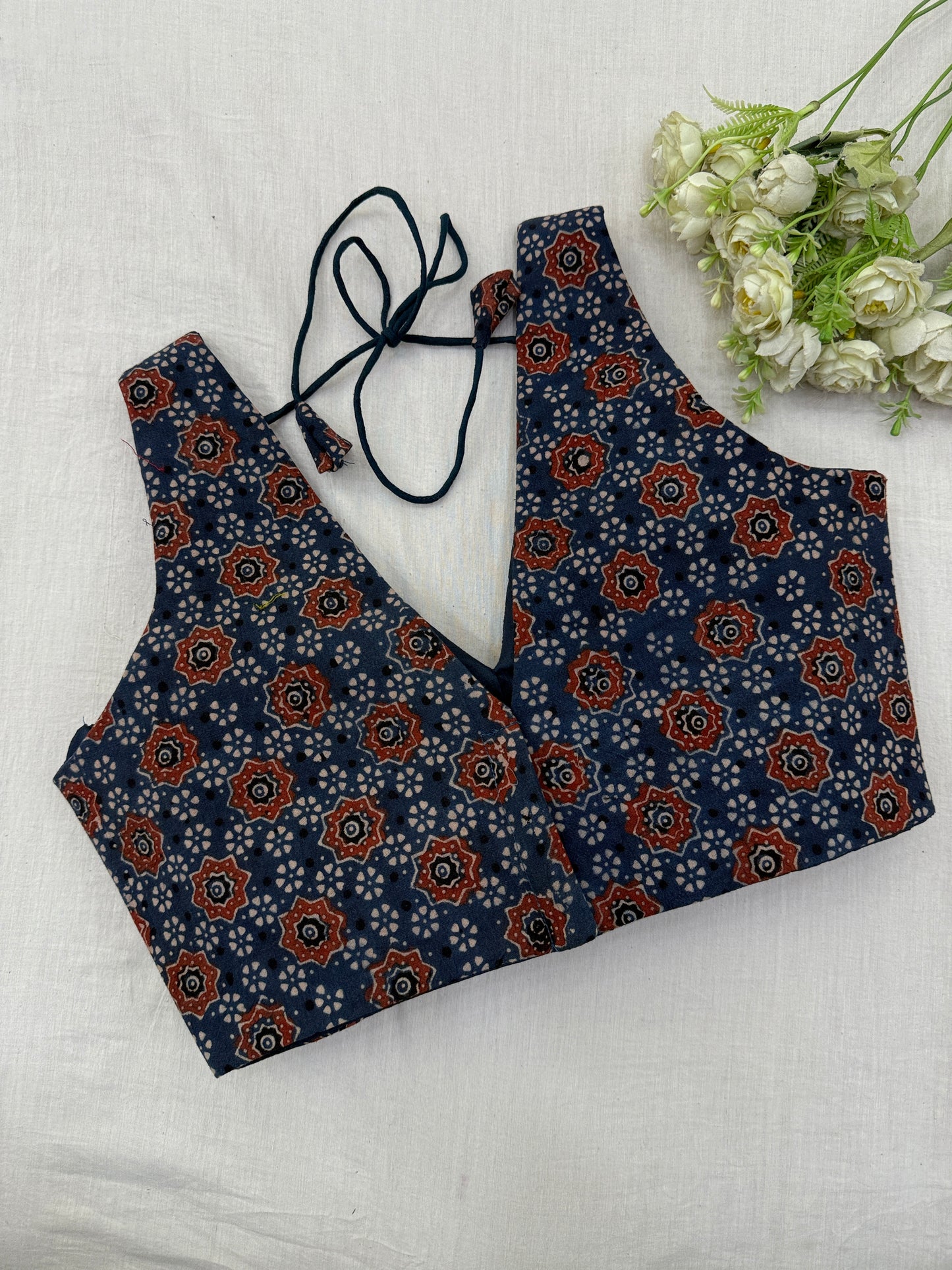Blue Red Ajrakh Cotton Sleeveless Blouse