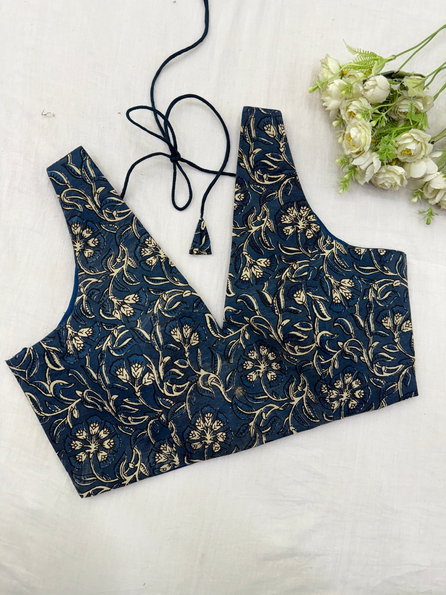 Blue Cream Kalamkari Cotton Blouse