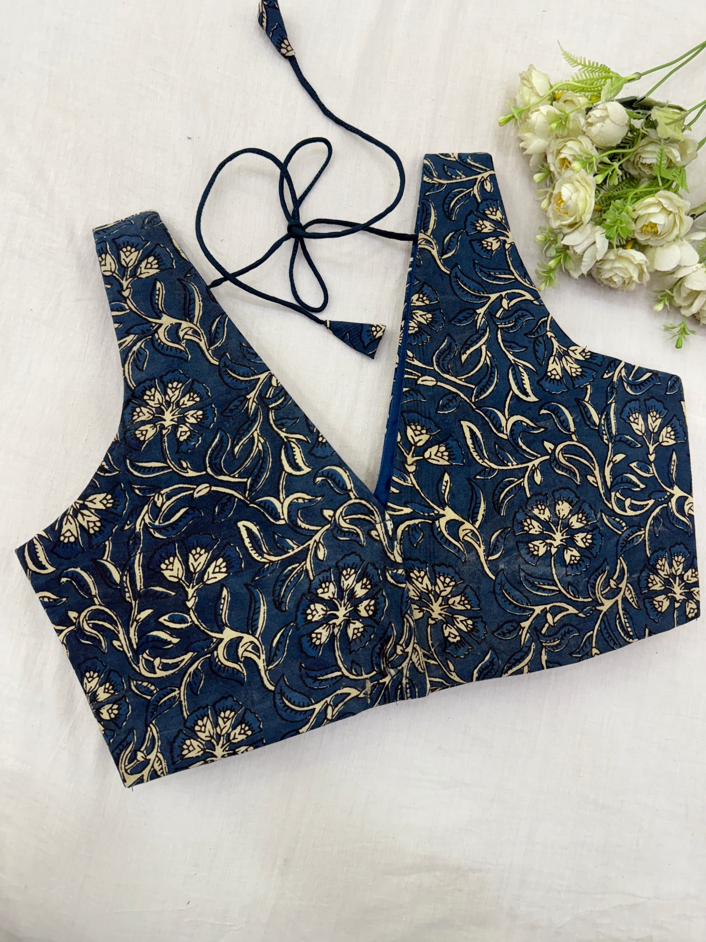 Blue Cream Kalamkari Cotton Blouse