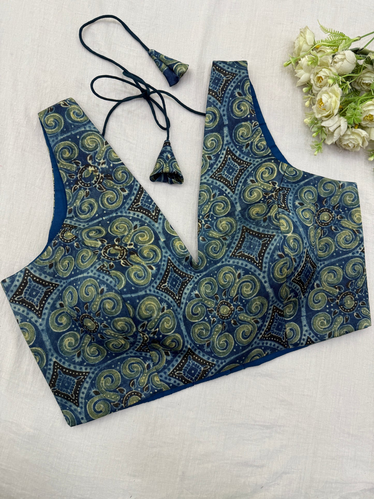 Algae Blue Ajrakh Mashru Blouse