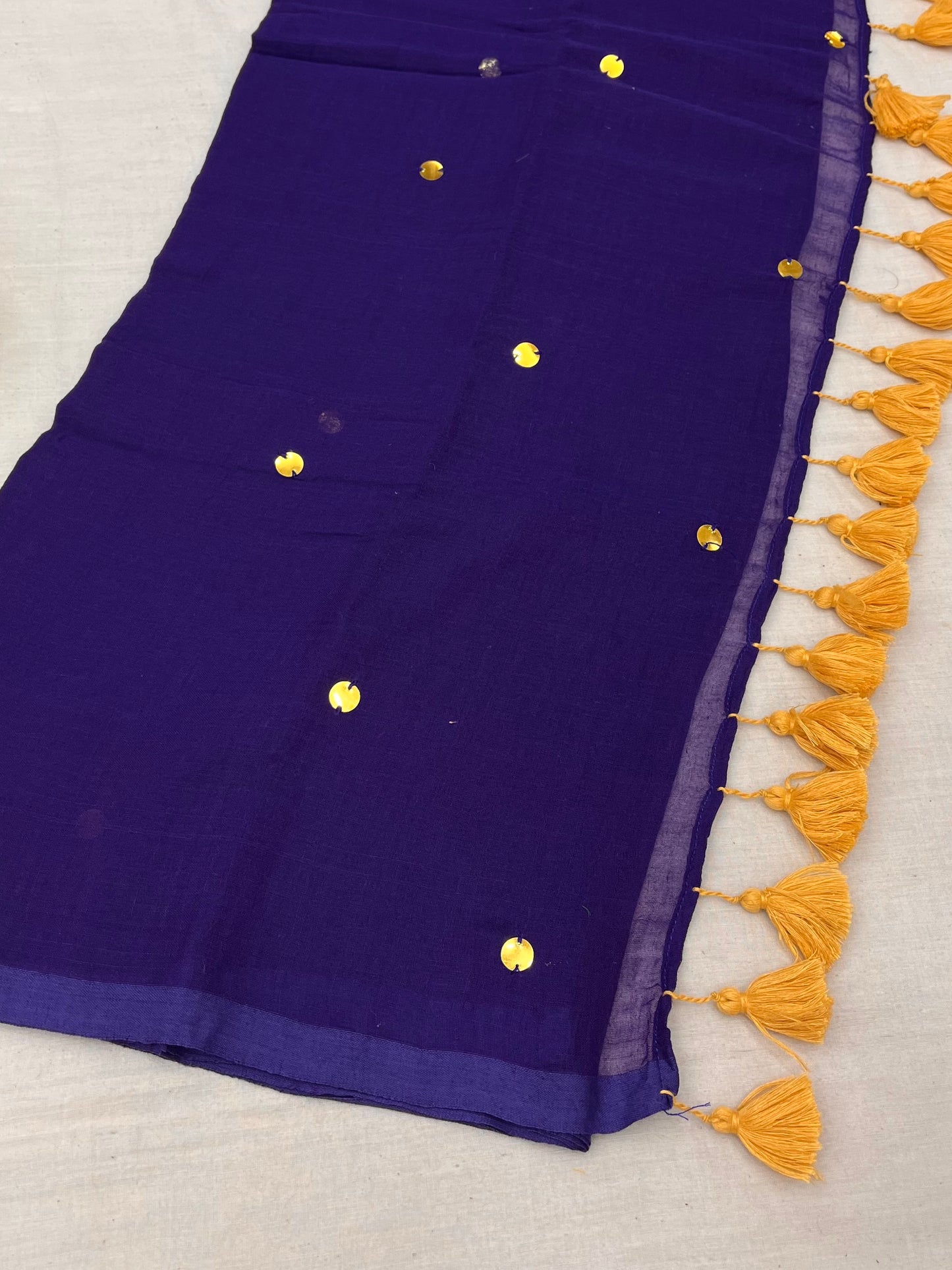 Purple Cream Gold Sequins Mulmul Saree