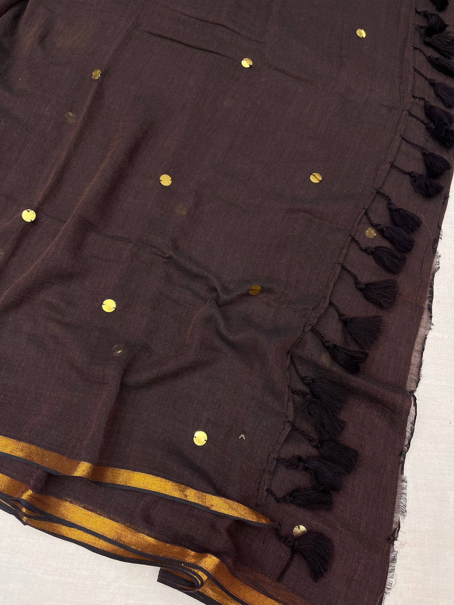 Coffee Zari Border Gold Sequins Mulmul Saree