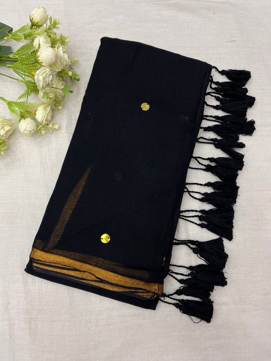 Black Copper Zari Border Gold Sequins Mulmul Saree