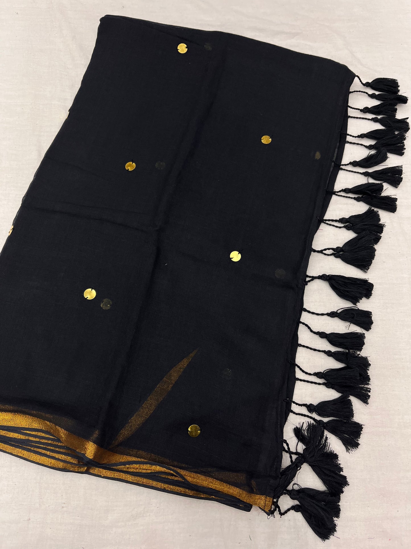 Black Copper Zari Border Gold Sequins Mulmul Saree