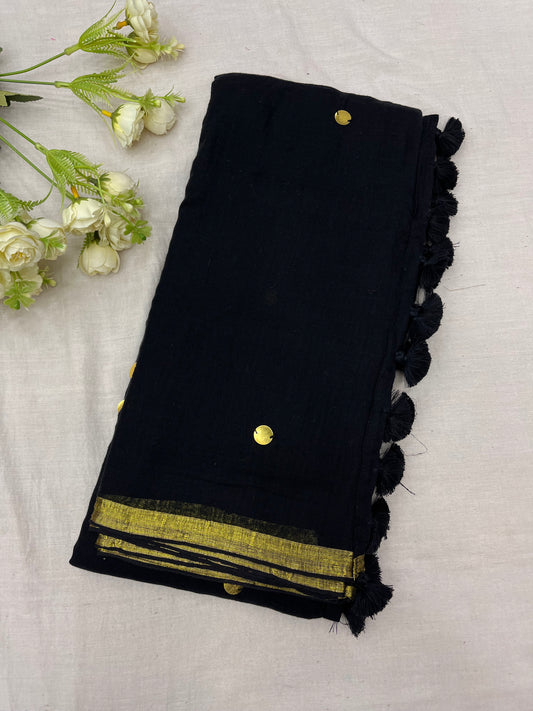 Black Gold Zari Border Sequins Mulmul Saree