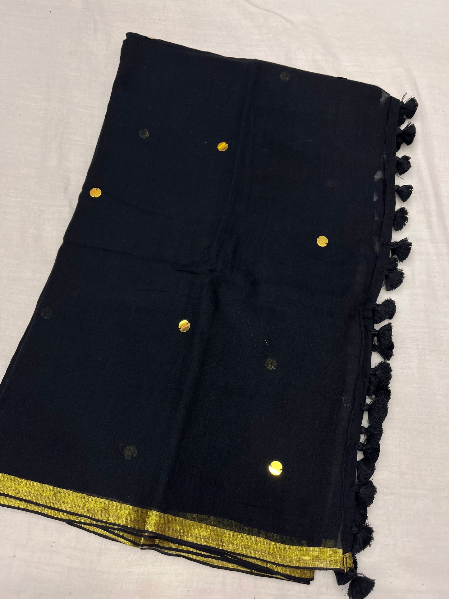 Black Gold Zari Border Sequins Mulmul Saree