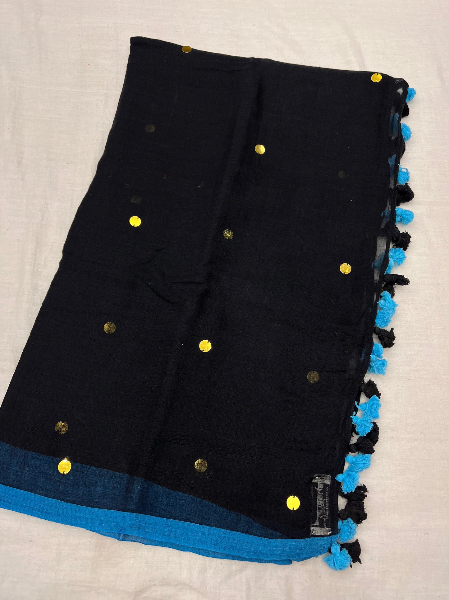 Mid Night Blue Gold Sequins Mulmul Saree