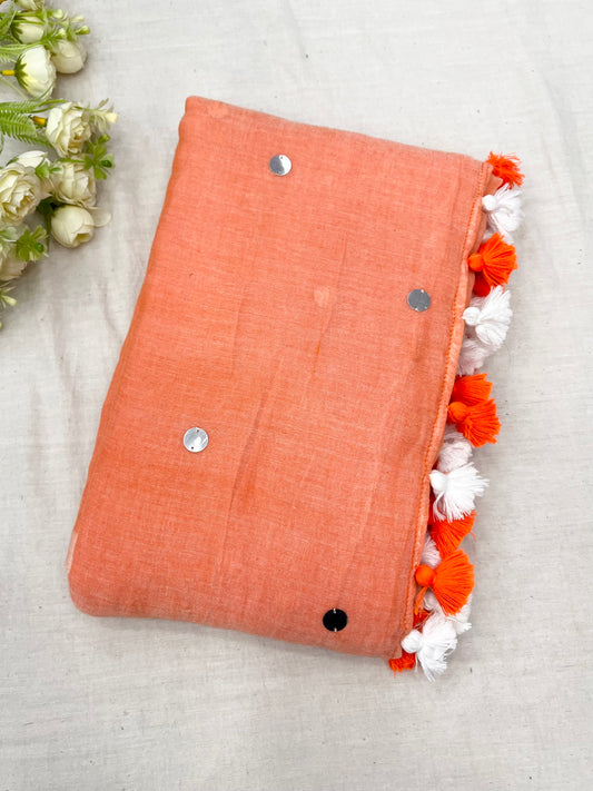 Orange White Silver Sequins Mulmul Saree