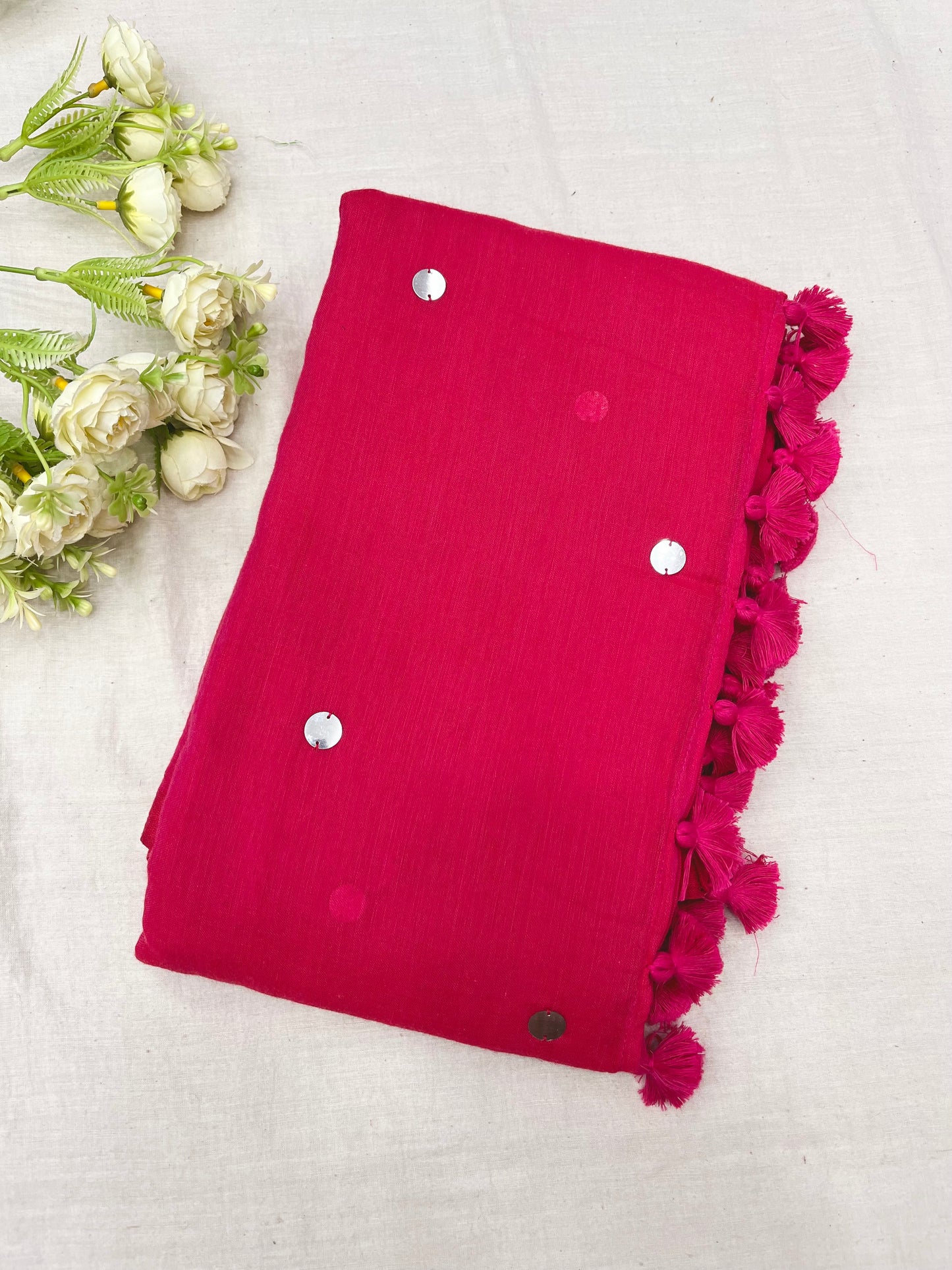 Hot Pink Silver Sequins Mulmul Saree