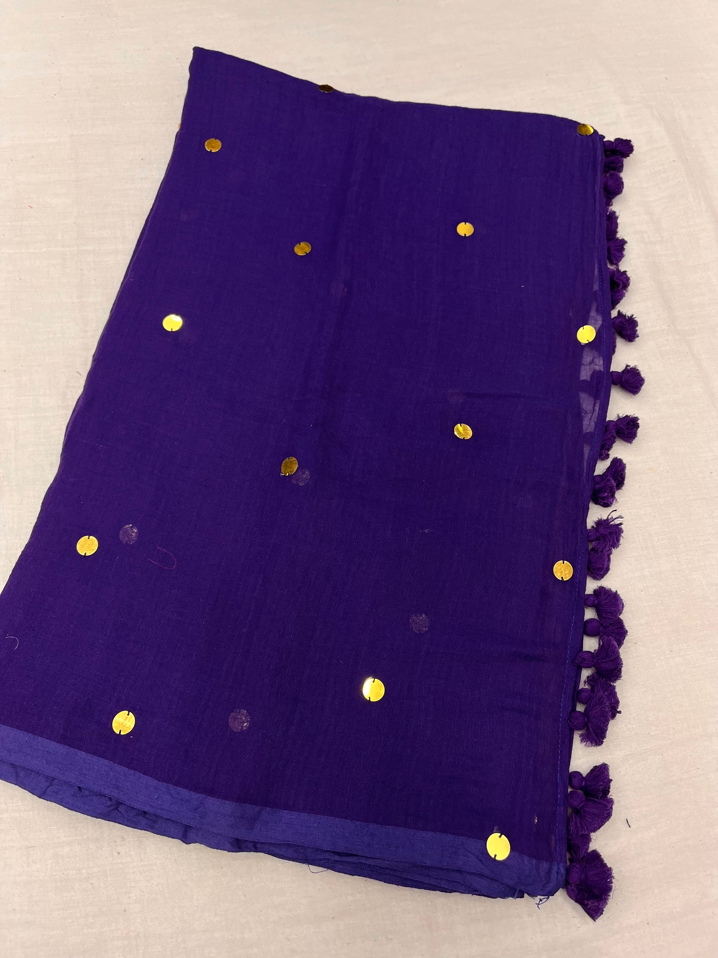 Ink Purple Gold Sequins Mulmul Saree